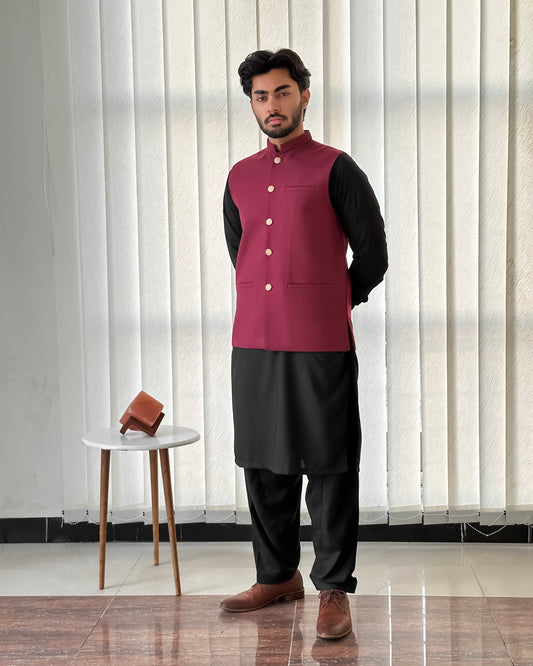 Black Kurta Shalwar with Maroon Suiting Waistcoat - Straight Cut - Men