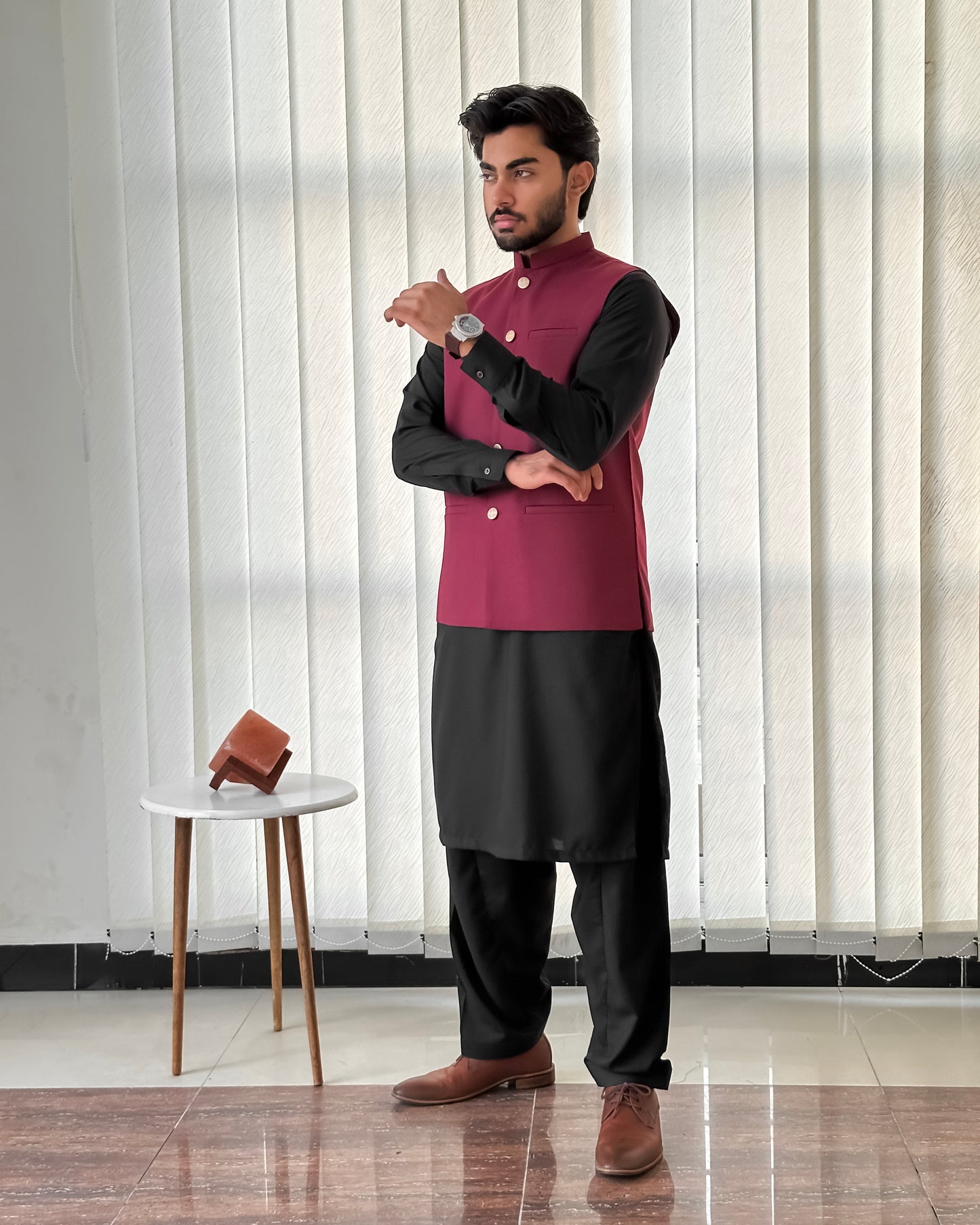 Black Kurta Shalwar with Maroon Suiting Waistcoat - Straight Cut - Men