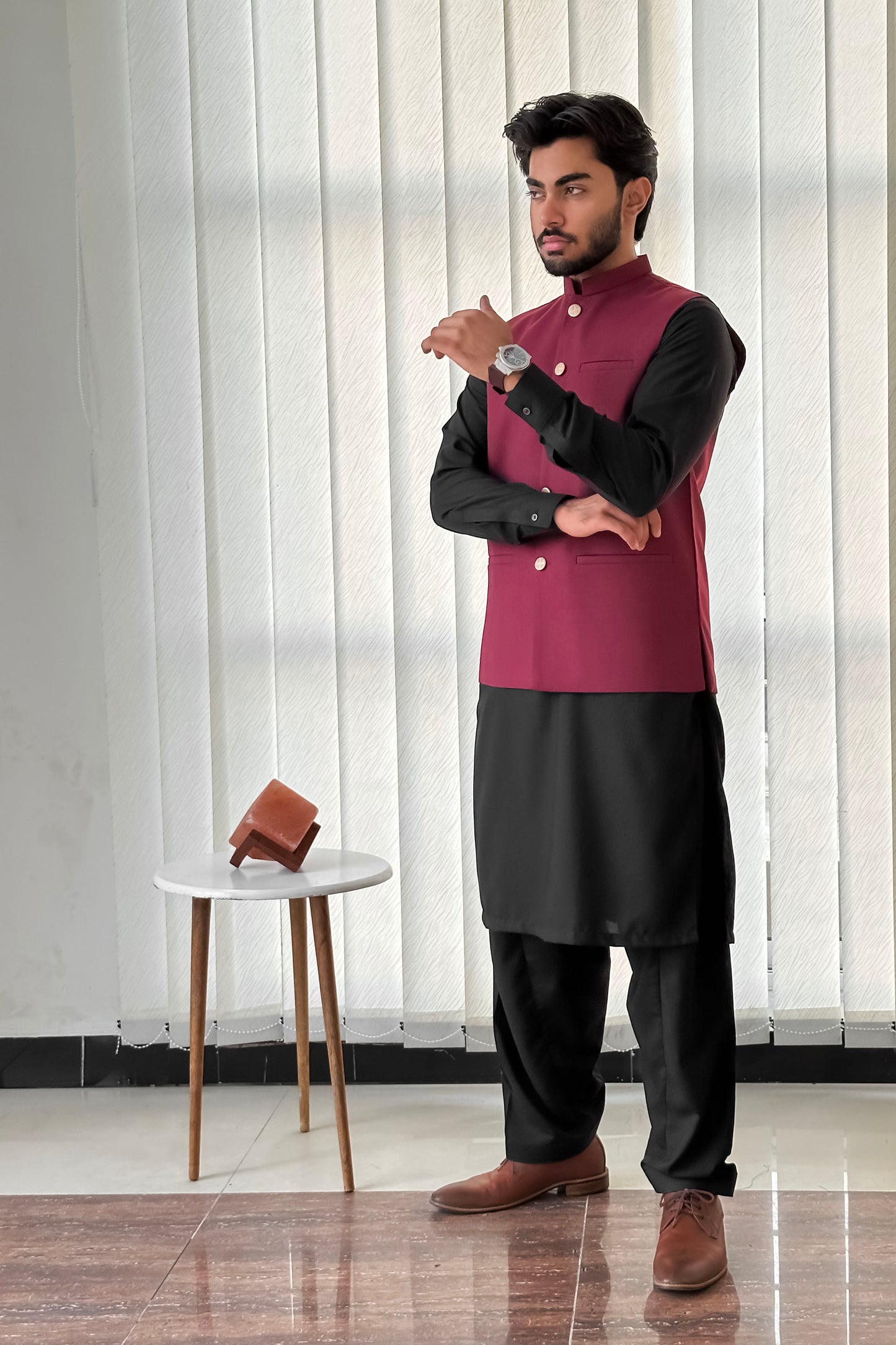 Black Kurta Shalwar with Maroon Suiting Waistcoat - Straight Cut - Men