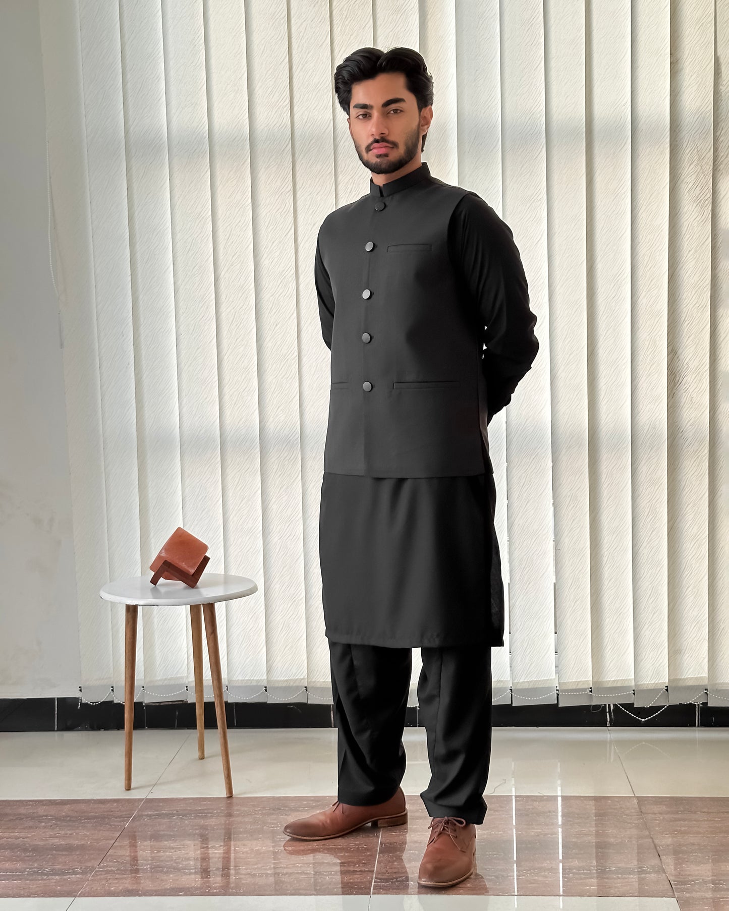 Black Kurta Shalwar with Suiting Waistcoat - Straight Cut - Men