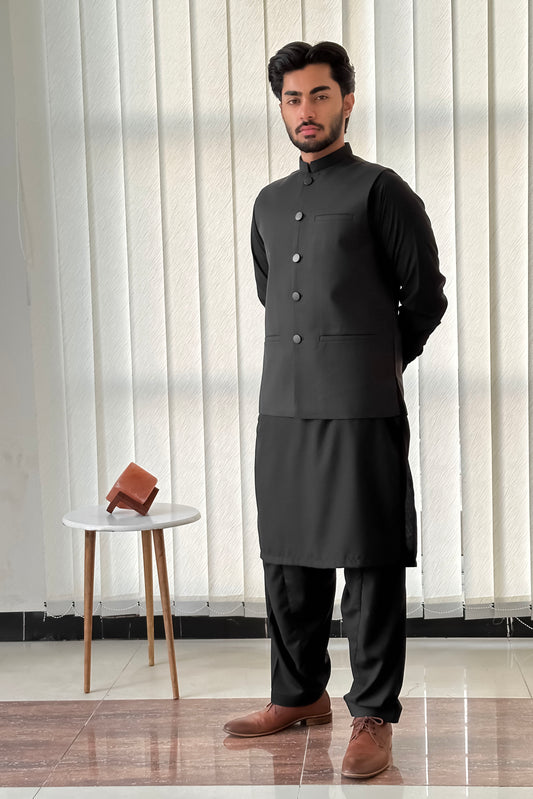 Black Kurta Shalwar with Suiting Waistcoat - Straight Cut - Men