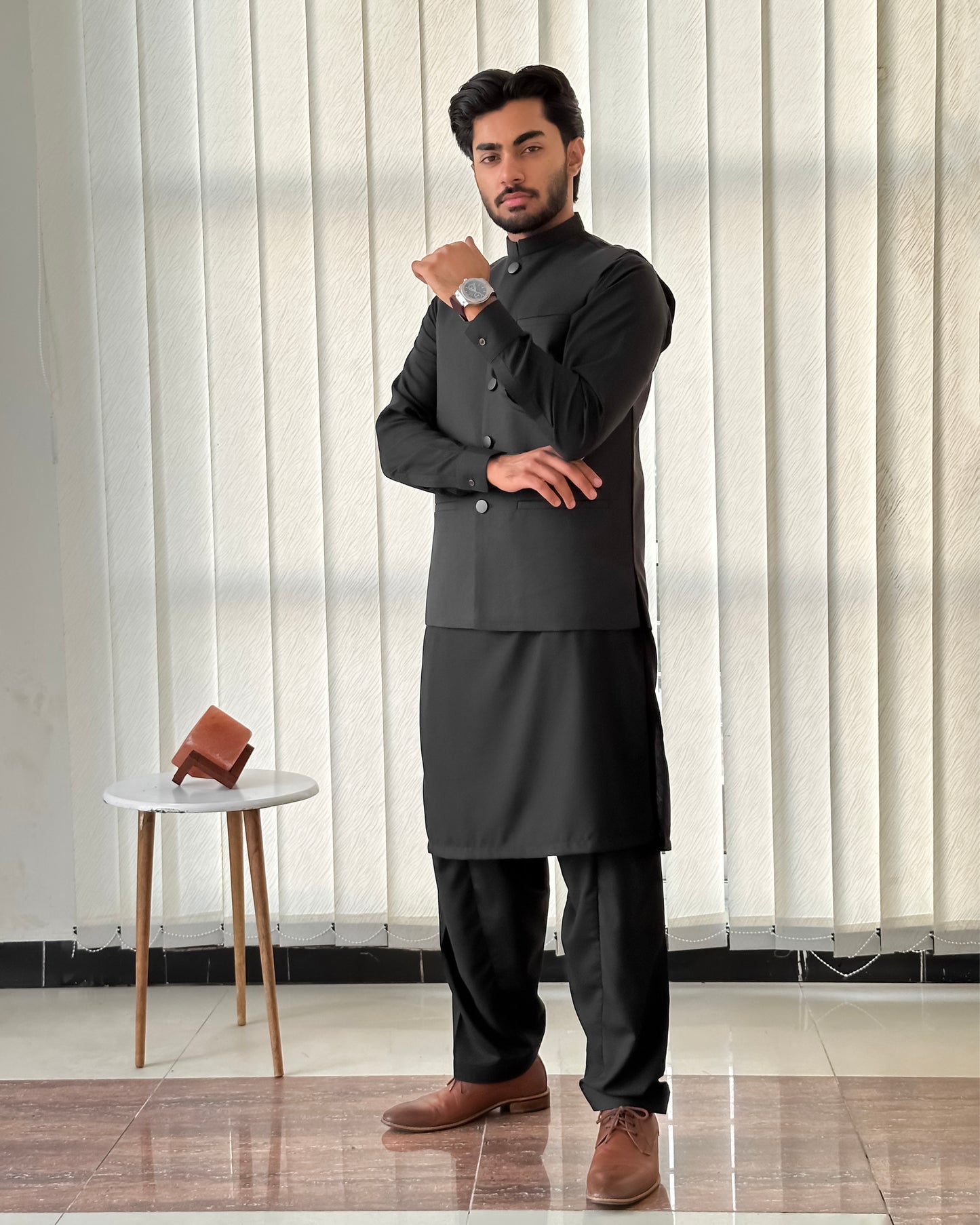 Black Kurta Shalwar with Suiting Waistcoat - Straight Cut - Men