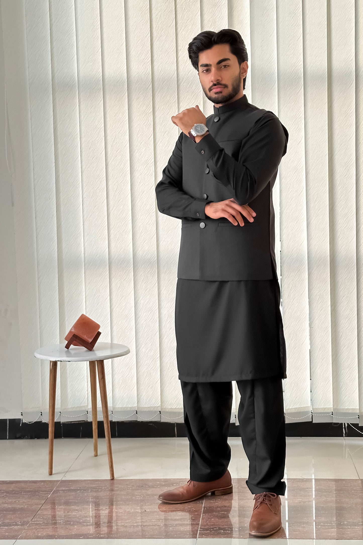 Black Kurta Shalwar with Suiting Waistcoat - Straight Cut - Men