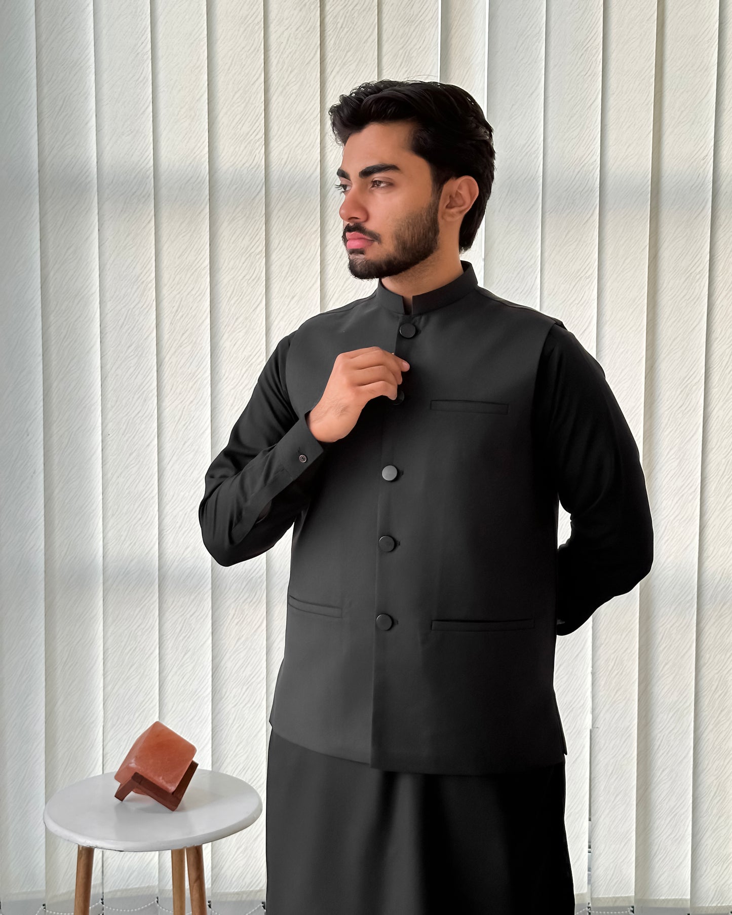 Black Kurta Shalwar with Suiting Waistcoat - Straight Cut - Men