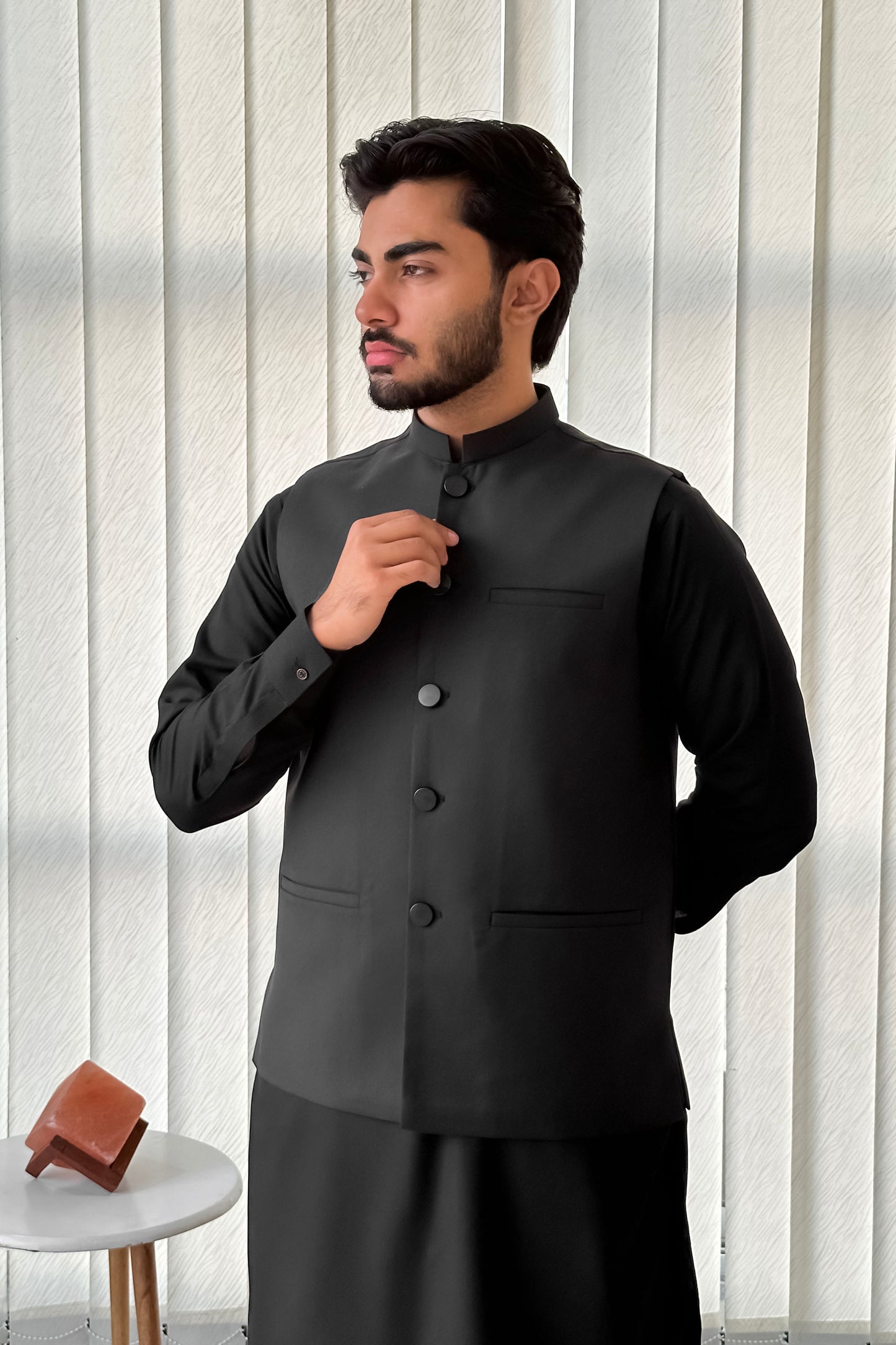 Black Kurta Shalwar with Suiting Waistcoat - Straight Cut - Men