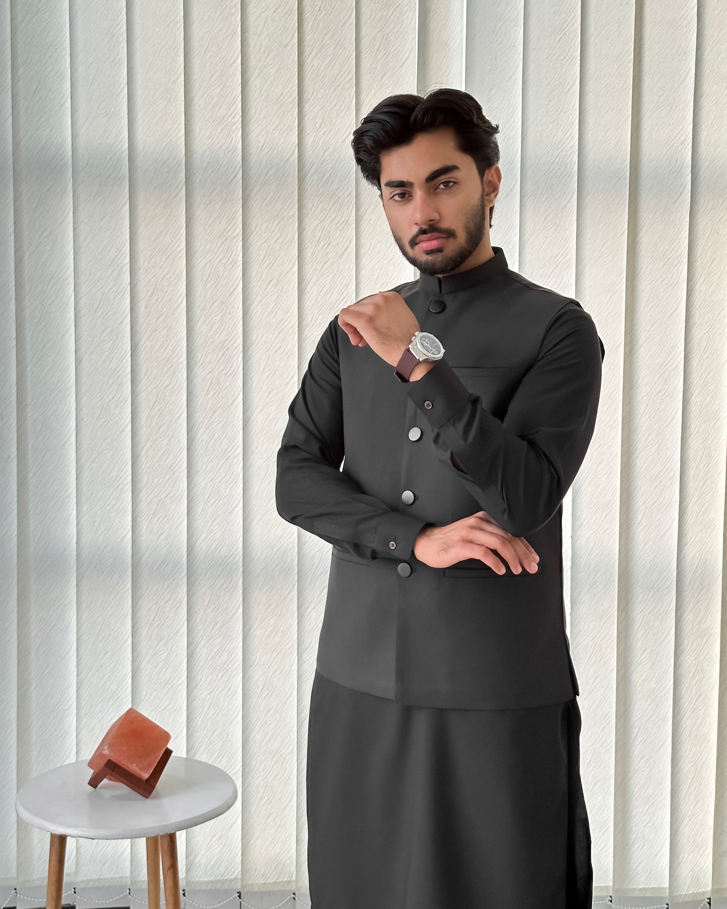 Black Kurta Shalwar with Suiting Waistcoat - Straight Cut - Men