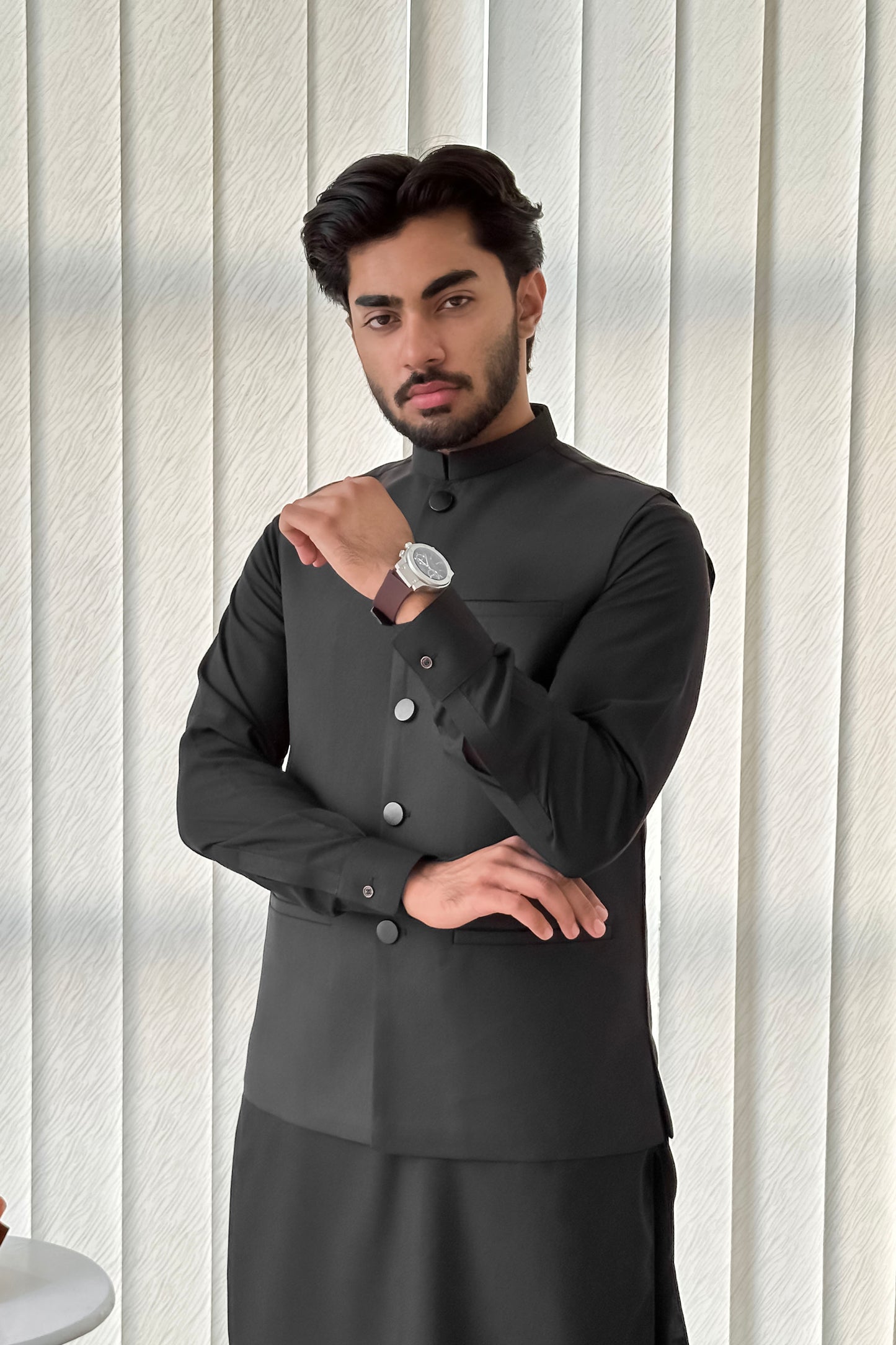 Black Kurta Shalwar with Suiting Waistcoat - Straight Cut - Men
