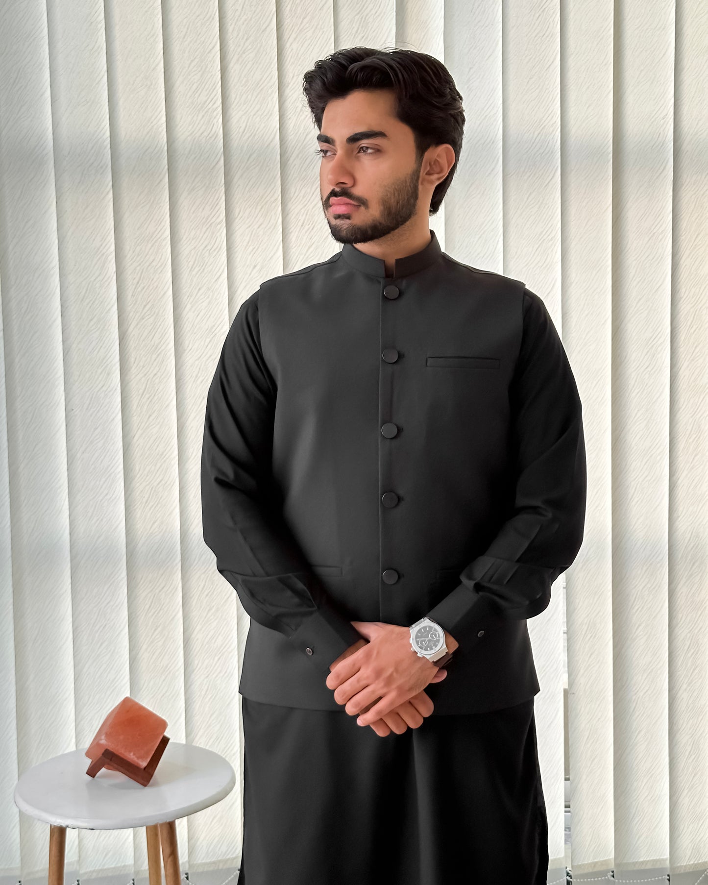 Black Kurta Shalwar with Suiting Waistcoat - Straight Cut - Men