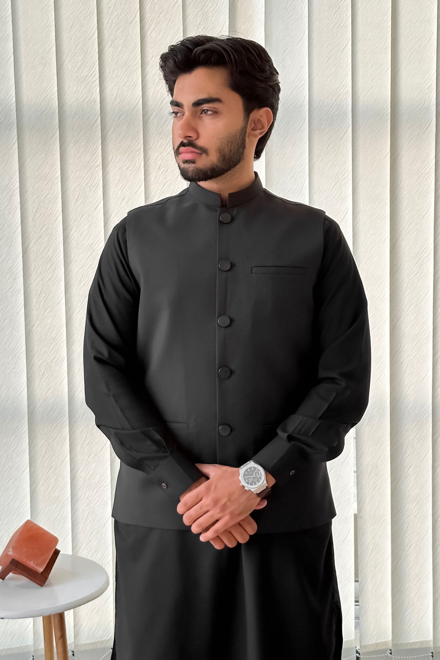 Black Kurta Shalwar with Suiting Waistcoat - Straight Cut - Men