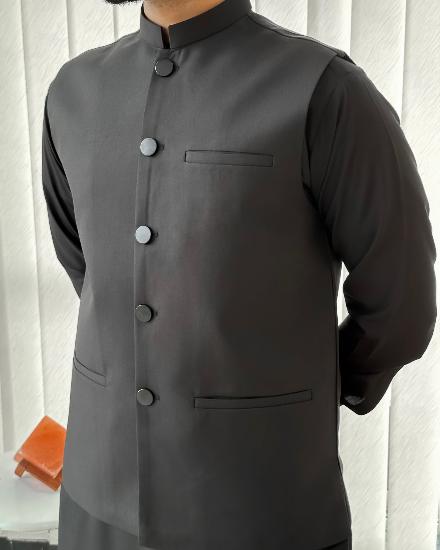 Black Kurta Shalwar with Suiting Waistcoat - Straight Cut - Men