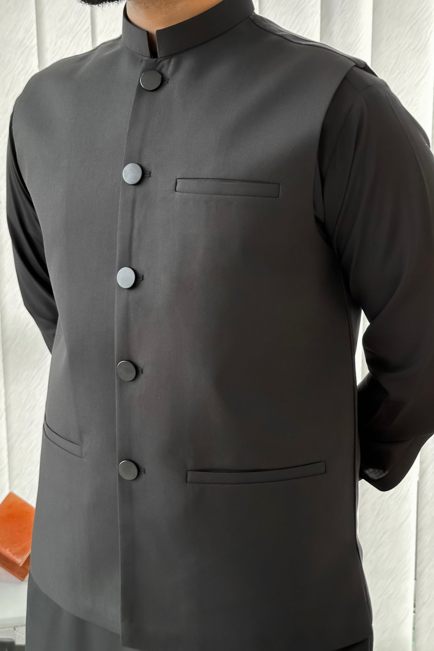 Black Kurta Shalwar with Suiting Waistcoat - Straight Cut - Men