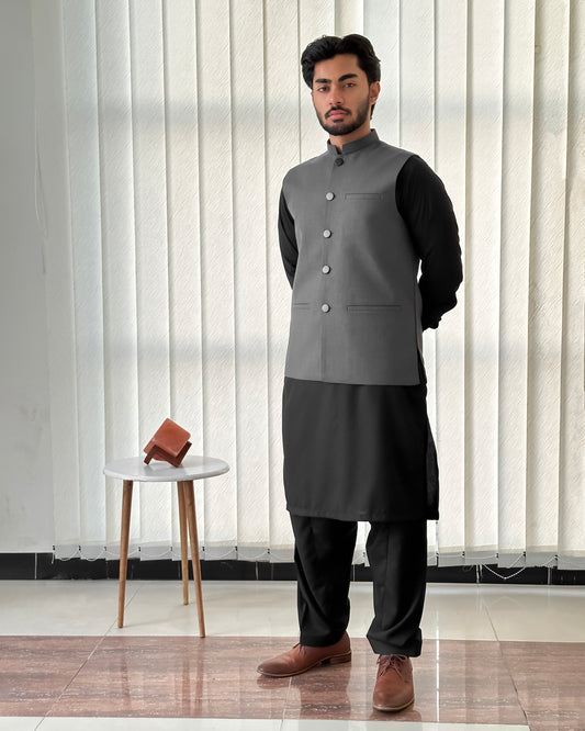 Black Kurta Shalwar with Gray Suiting Waistcoat - Straight Cut - Men