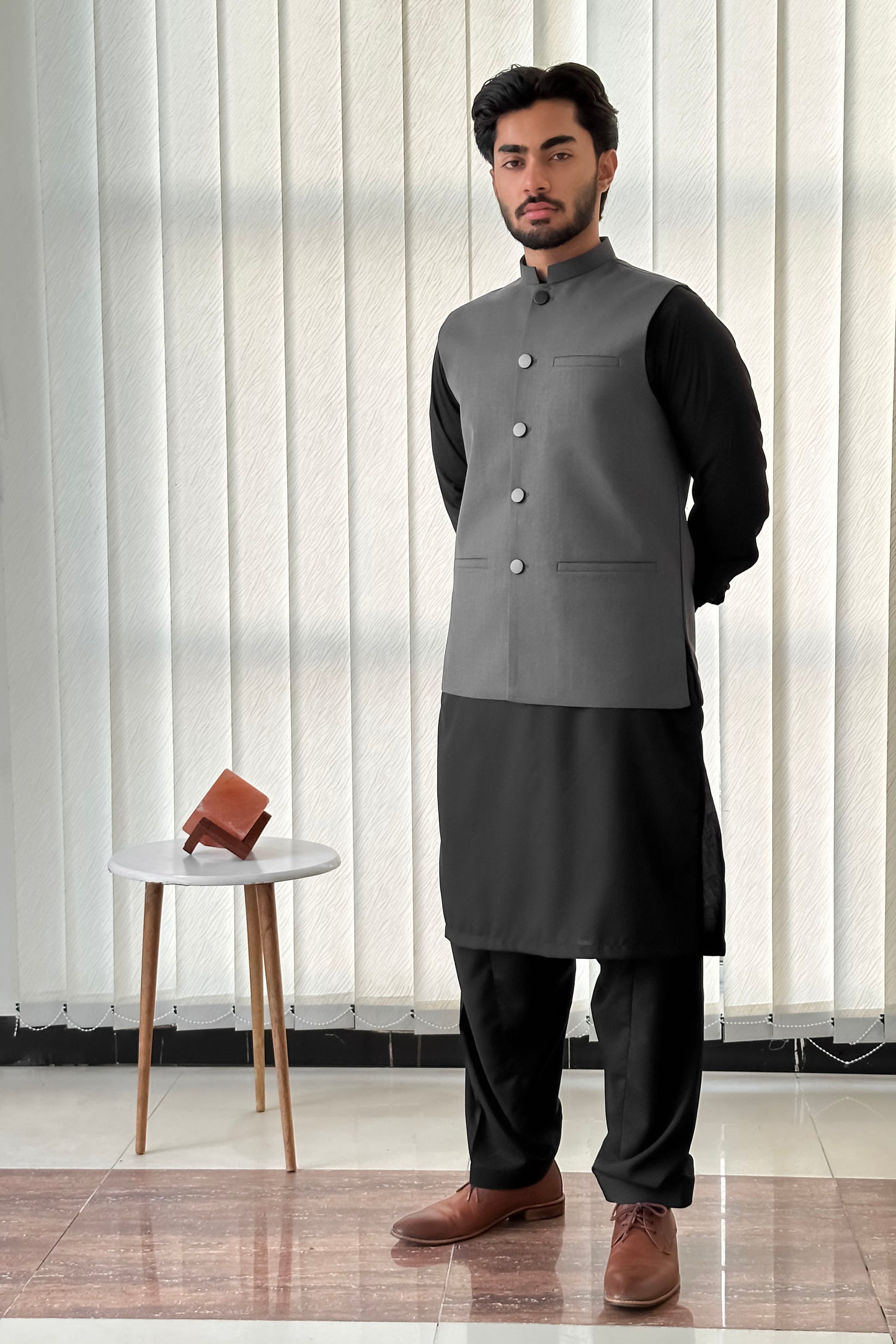 Black Kurta Shalwar with Gray Suiting Waistcoat - Straight Cut - Men