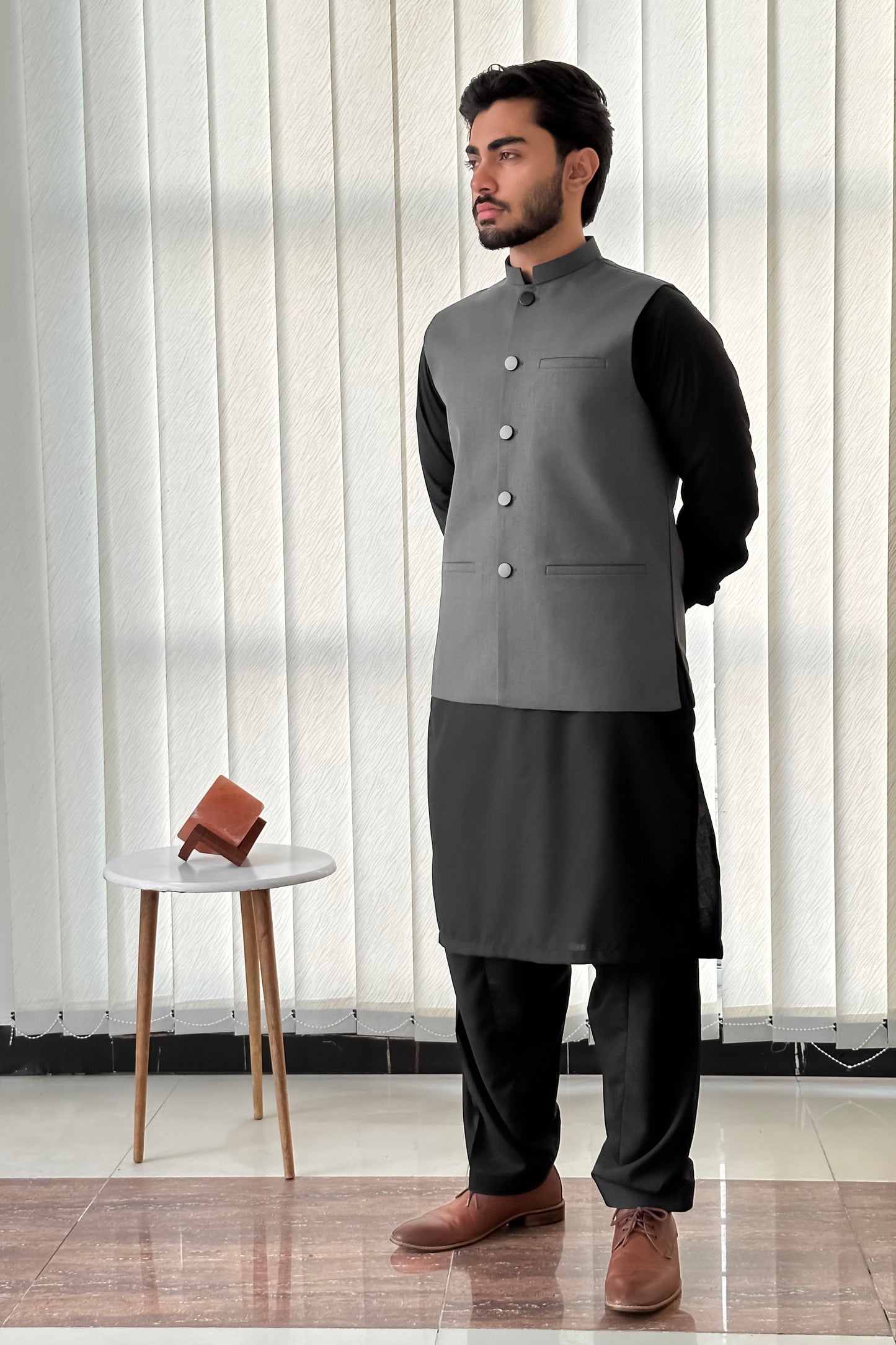 Gray Suiting Waistcoat - Straight Cut Buttoned - Men