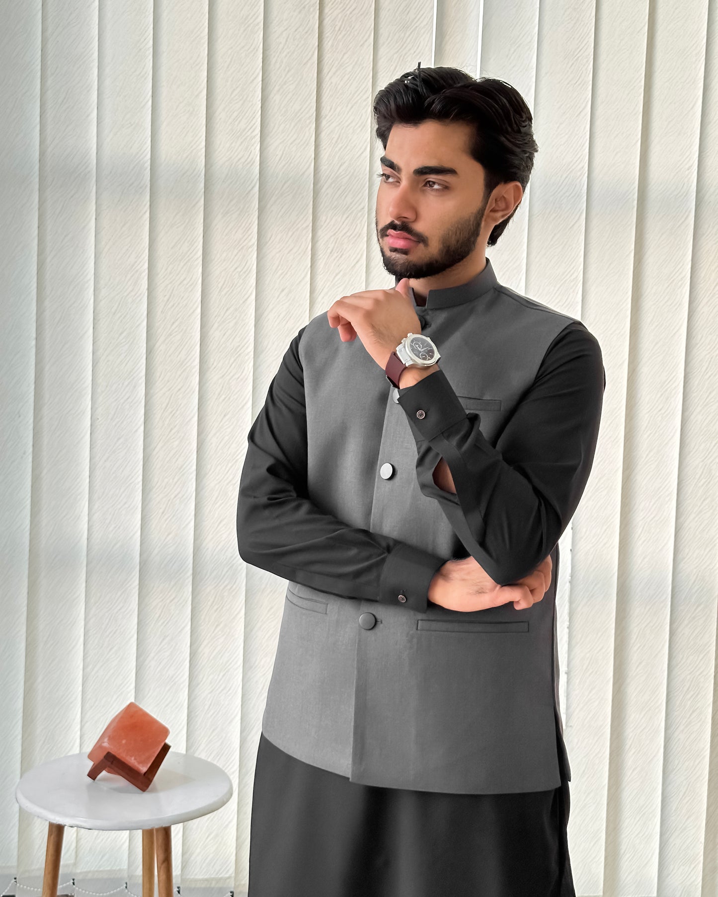 Black Kurta Shalwar with Gray Suiting Waistcoat - Straight Cut - Men