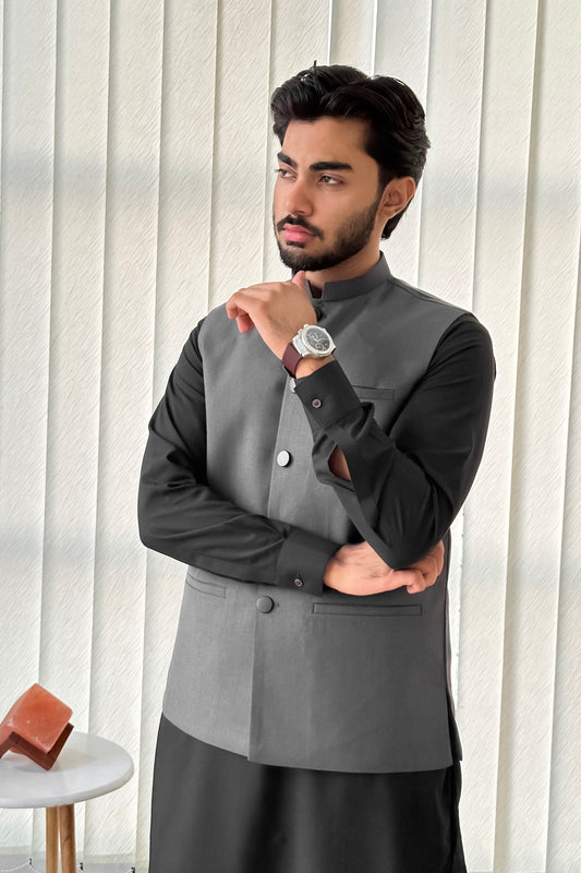 Gray Suiting Waistcoat - Straight Cut Buttoned - Men