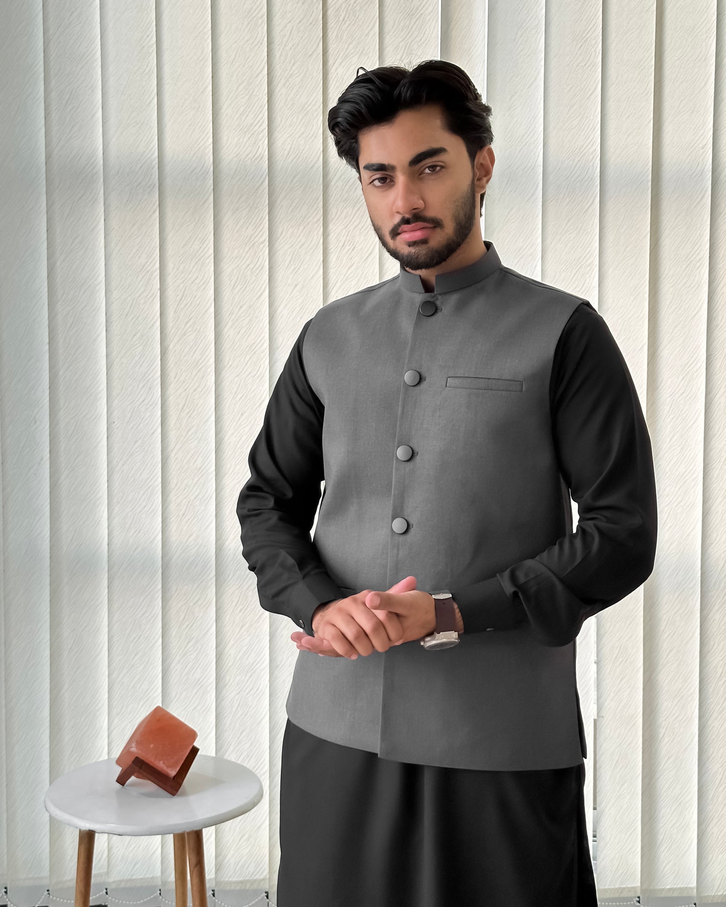 Black Kurta Shalwar with Gray Suiting Waistcoat - Straight Cut - Men