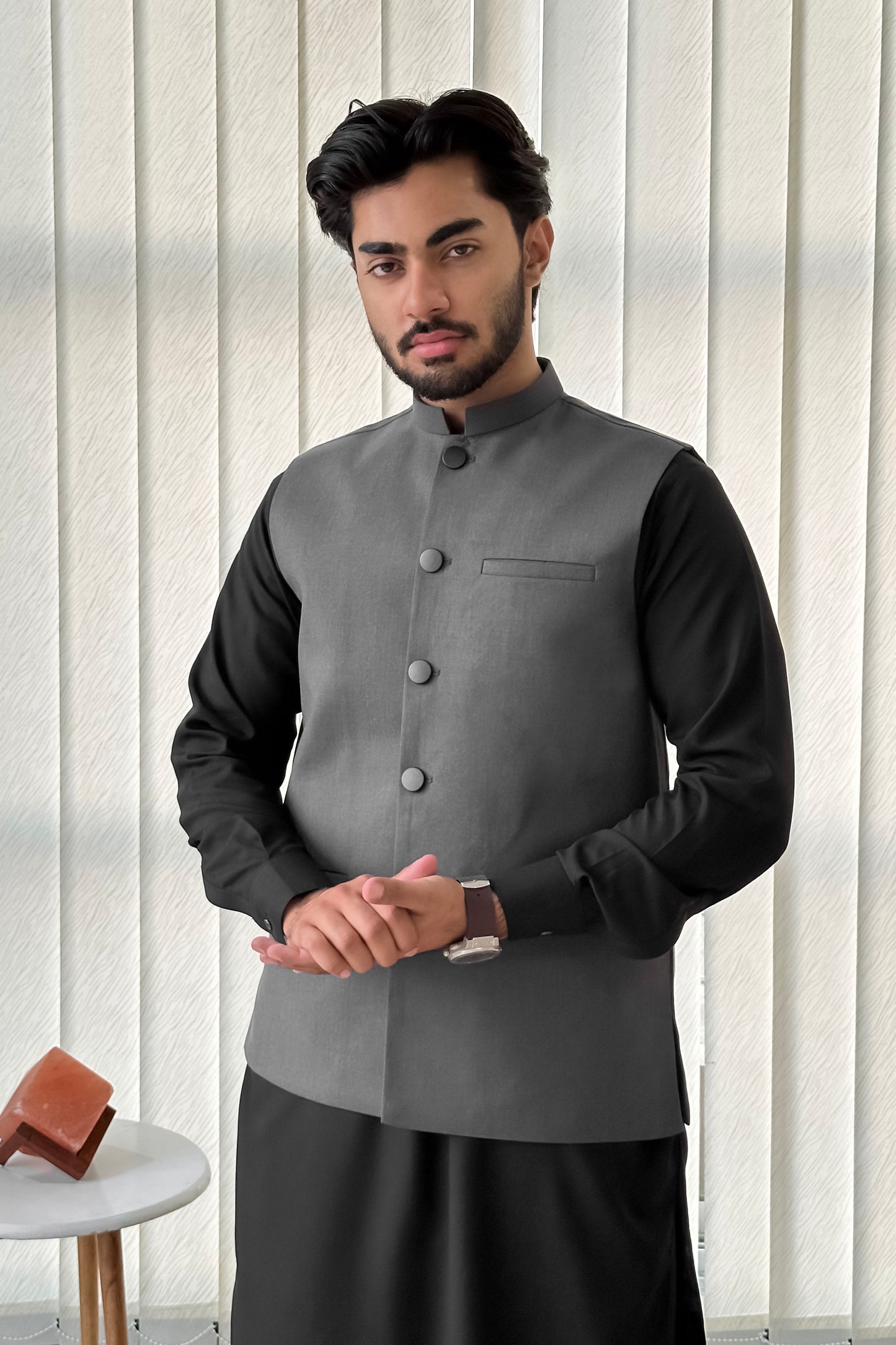 Black Kurta Shalwar with Gray Suiting Waistcoat - Straight Cut - Men