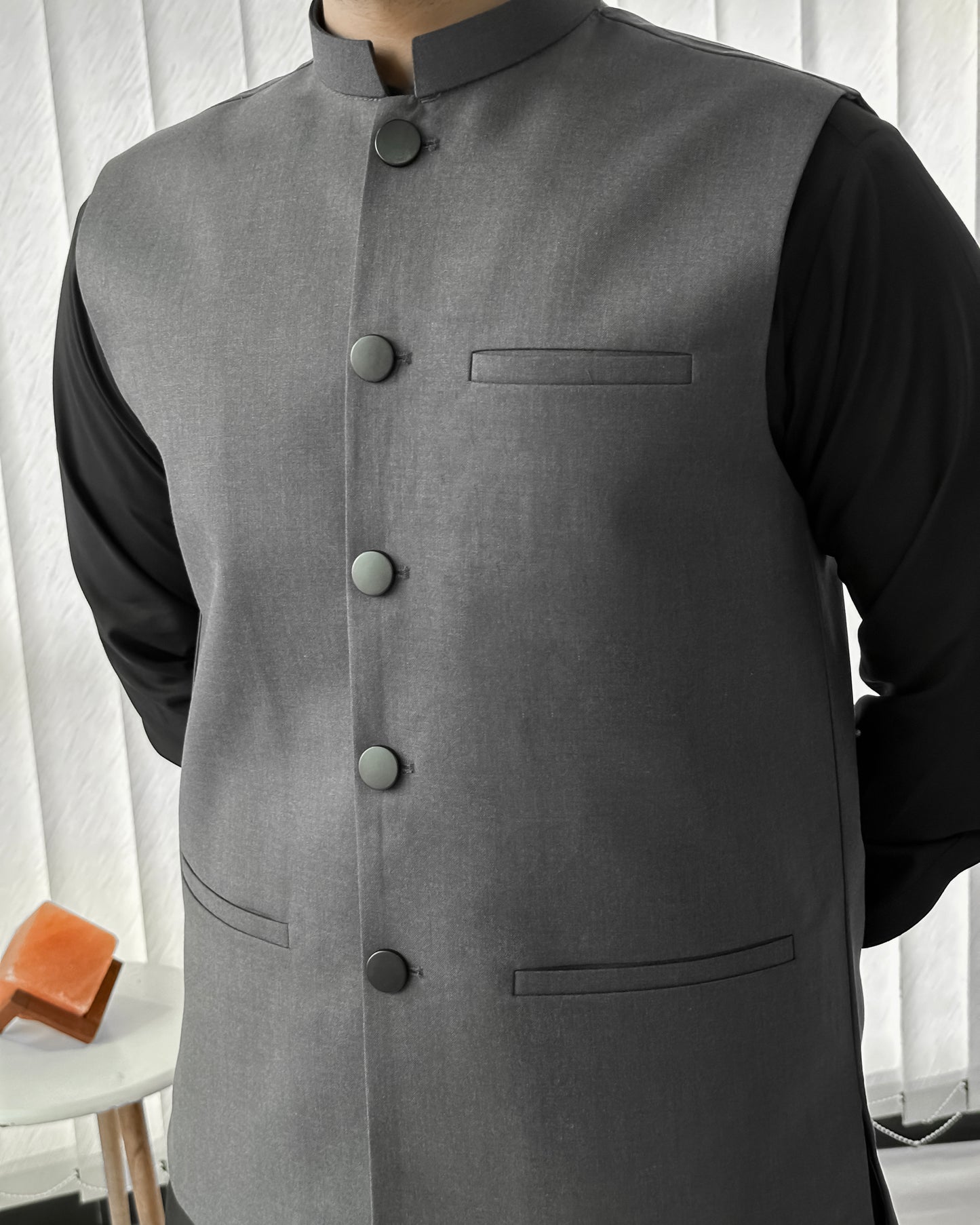 Black Kurta Shalwar with Gray Suiting Waistcoat - Straight Cut - Men