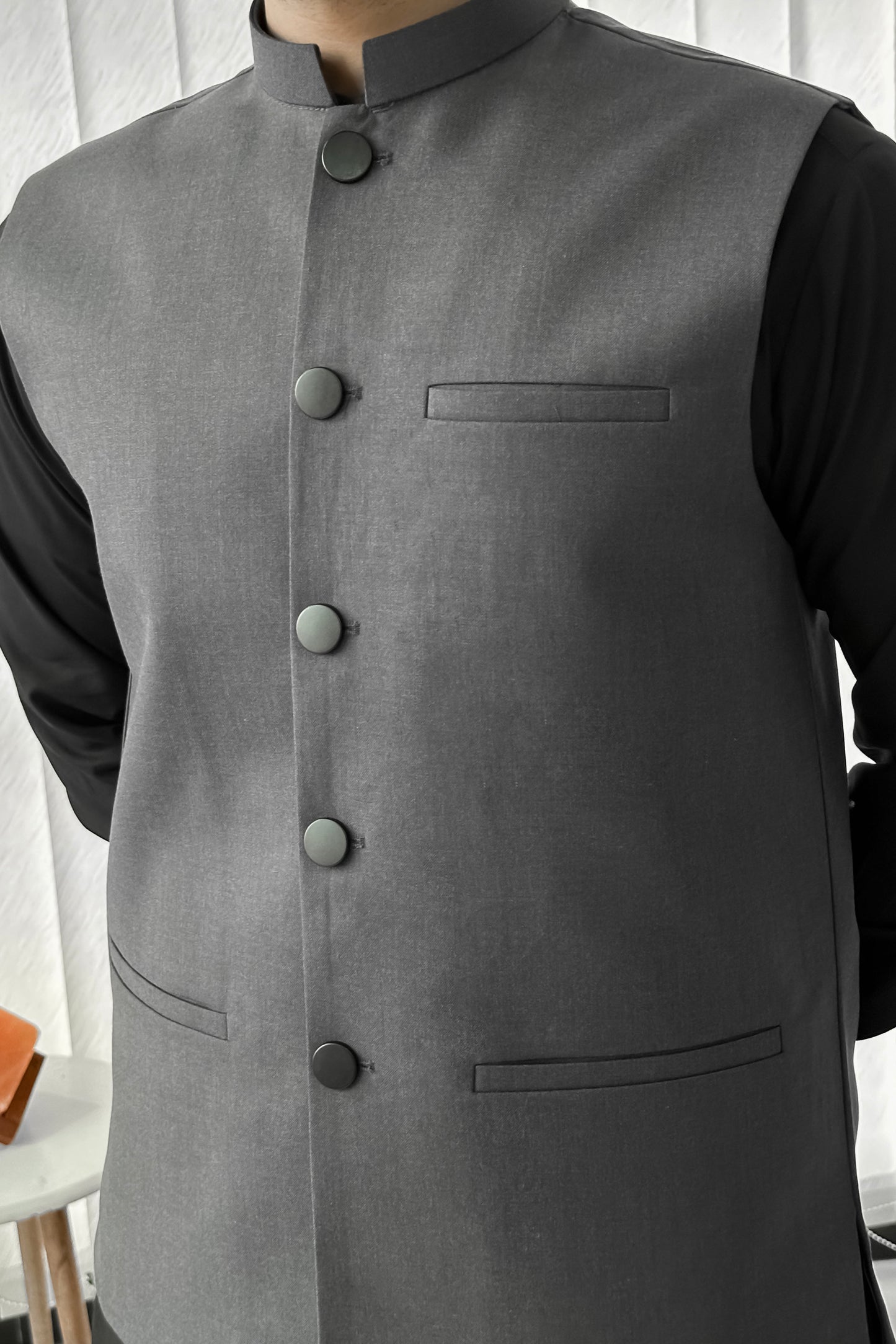 Black Kurta Shalwar with Gray Suiting Waistcoat - Straight Cut - Men