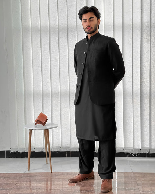 Black Kurta Shalwar with Embroidered Prince Coat - Men