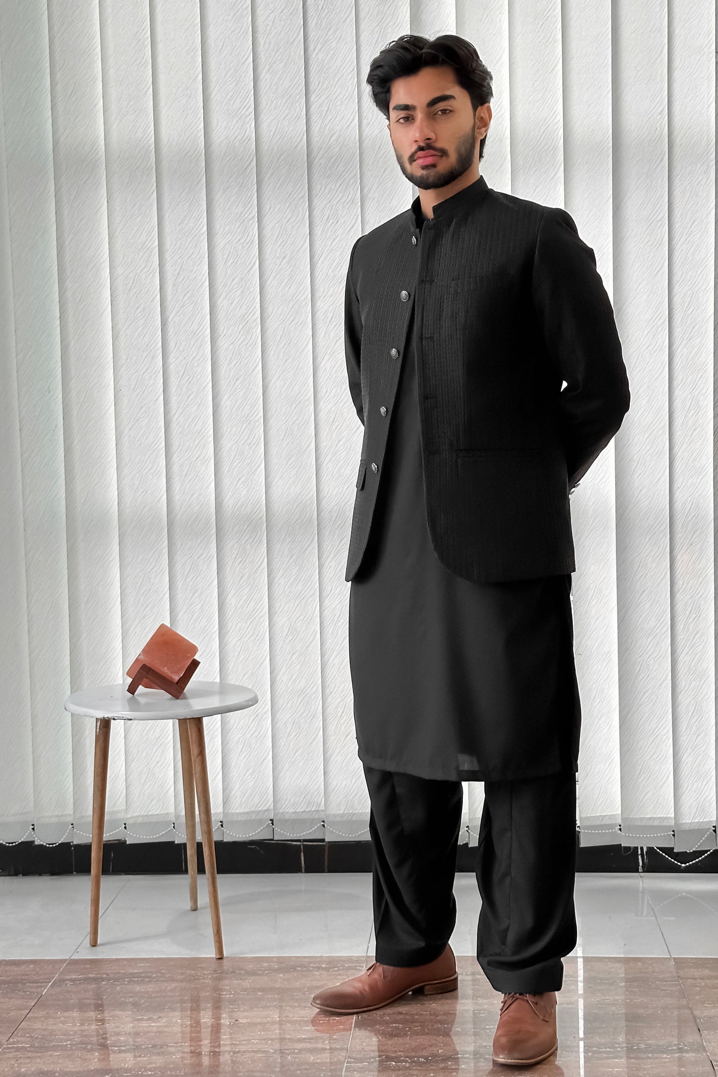 Black Kurta Shalwar with Embroidered Prince Coat - Men