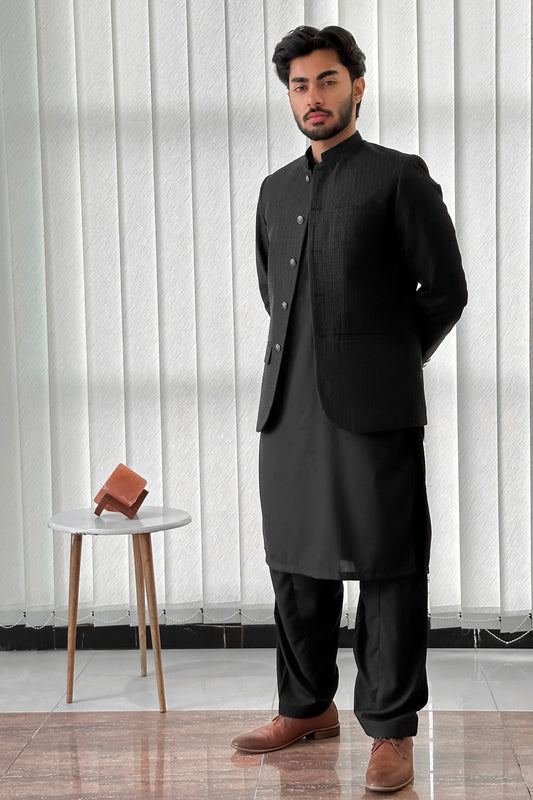 Black Kurta Shalwar with Embroidered Prince Coat - Men