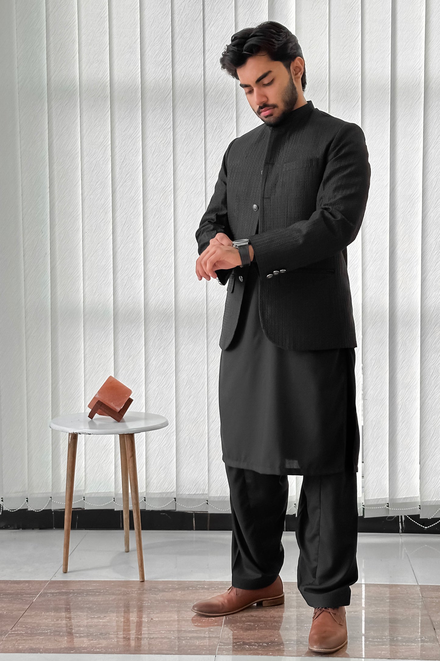 Black Kurta Shalwar with Embroidered Prince Coat - Men