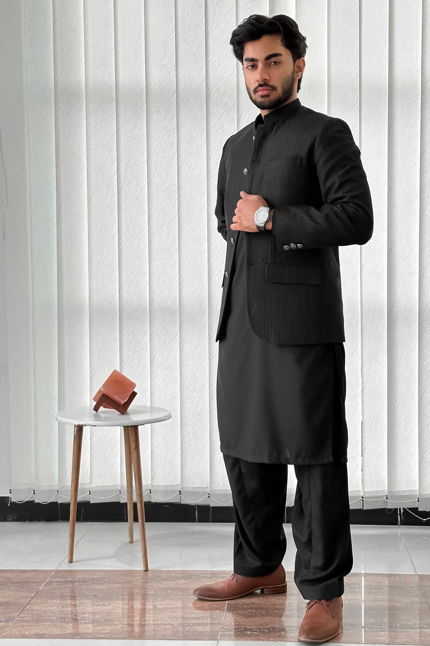Black Kurta Shalwar with Embroidered Prince Coat - Men