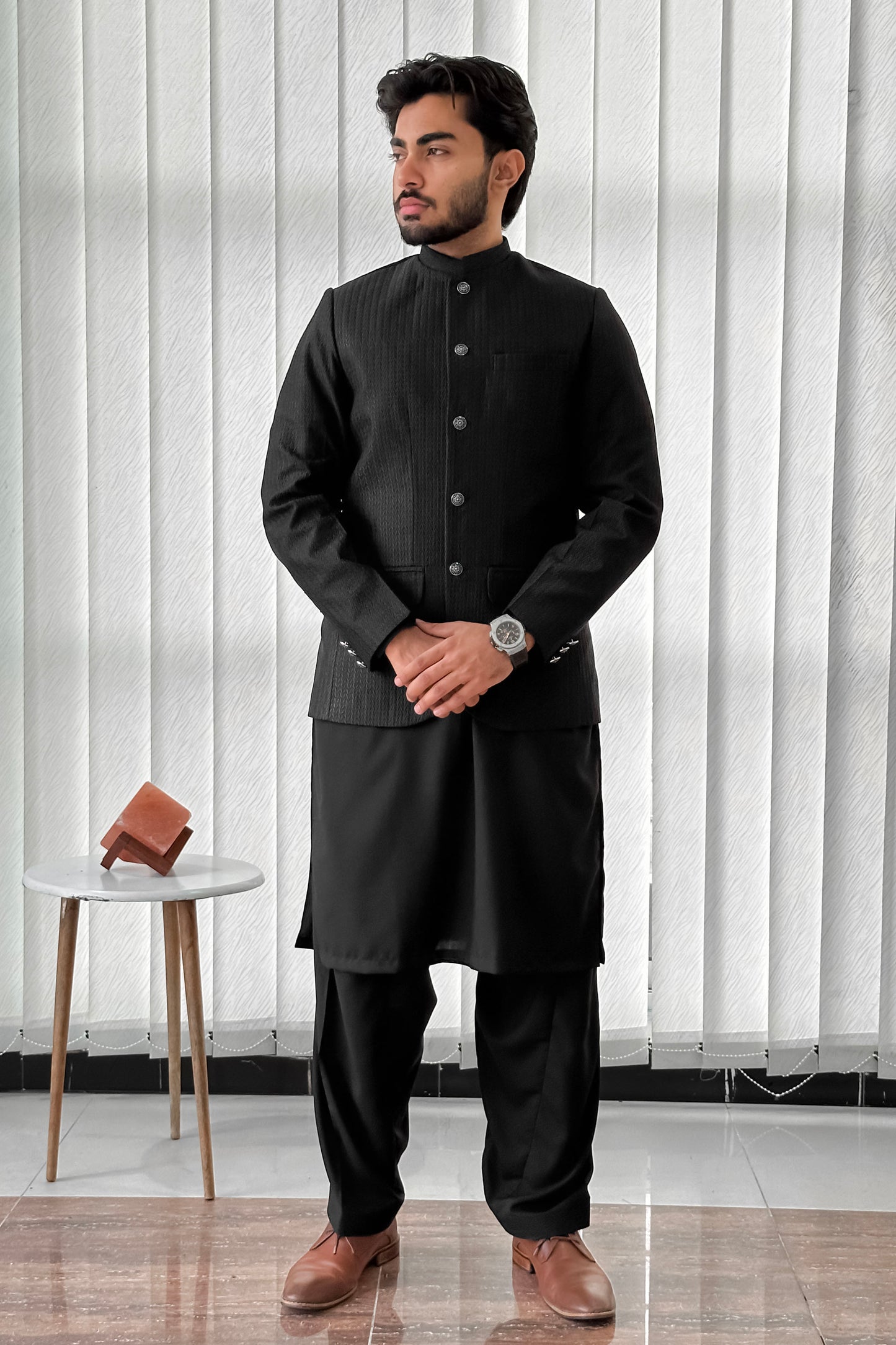 Black Kurta Shalwar with Embroidered Prince Coat - Men
