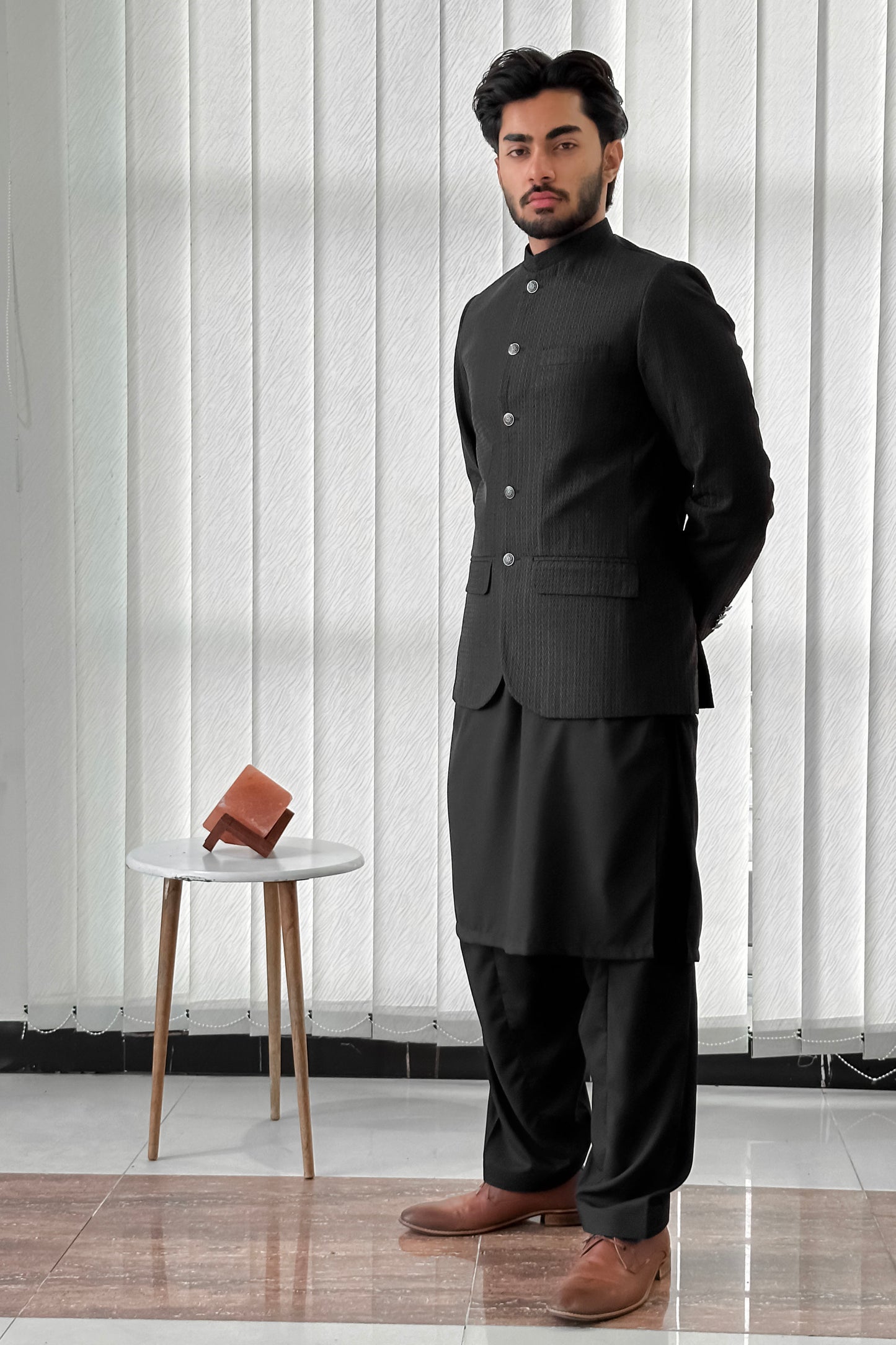 Black Kurta Shalwar with Embroidered Prince Coat - Men