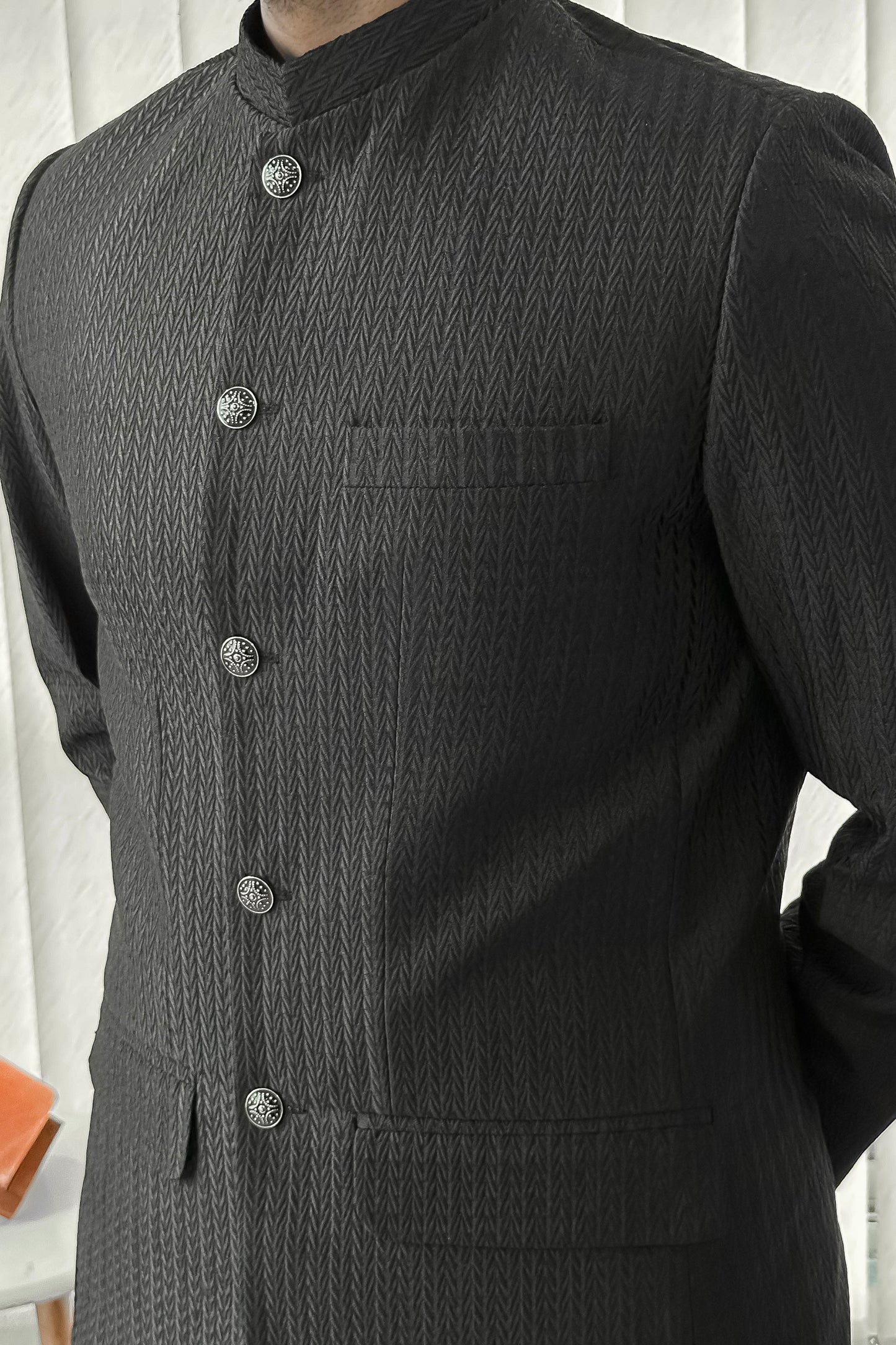 Black Kurta Shalwar with Embroidered Prince Coat - Men