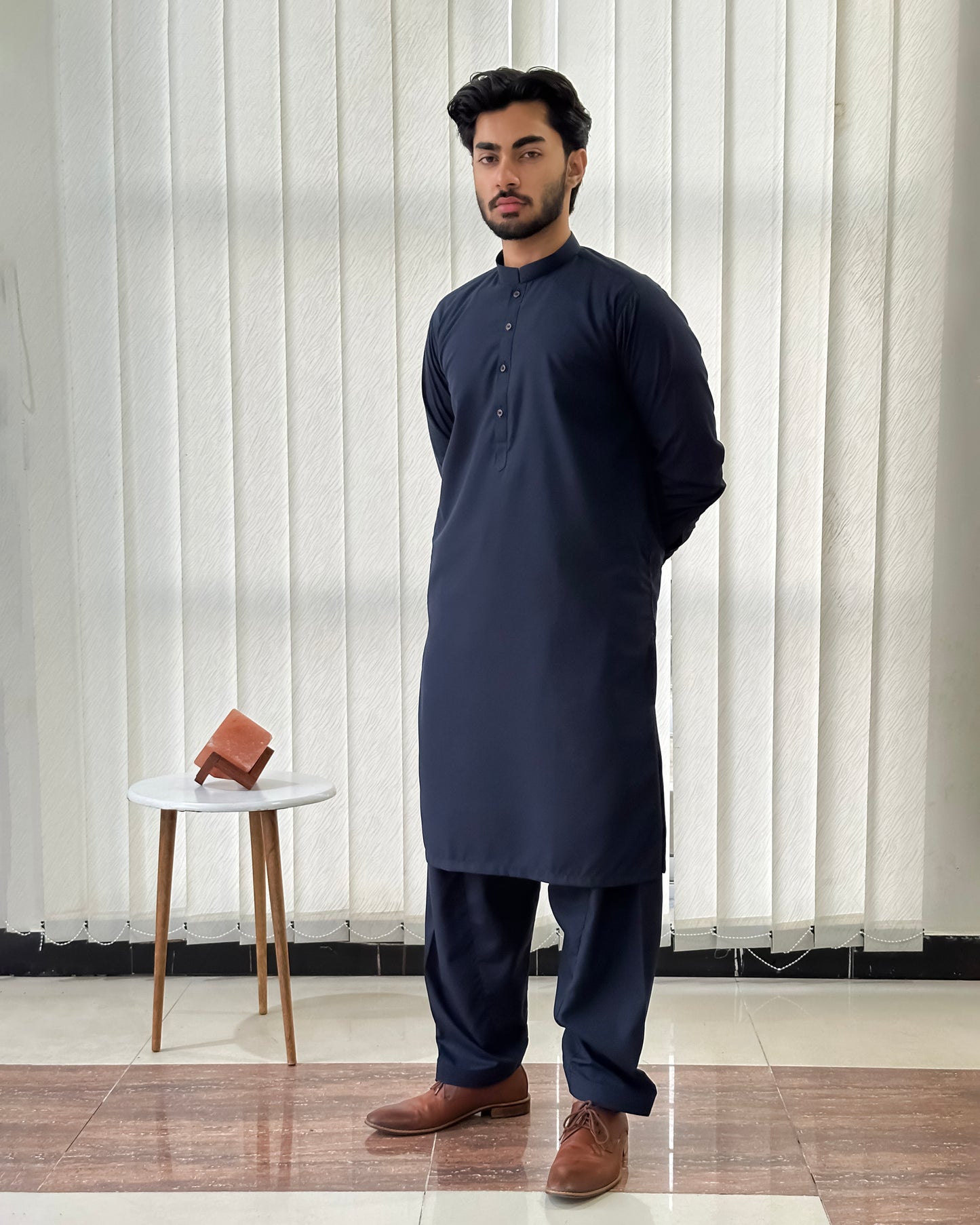 Navy Blue Blended Kurta Shalwar - Men