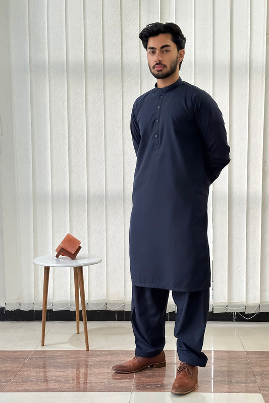Navy Blue Blended Kurta Shalwar - Men