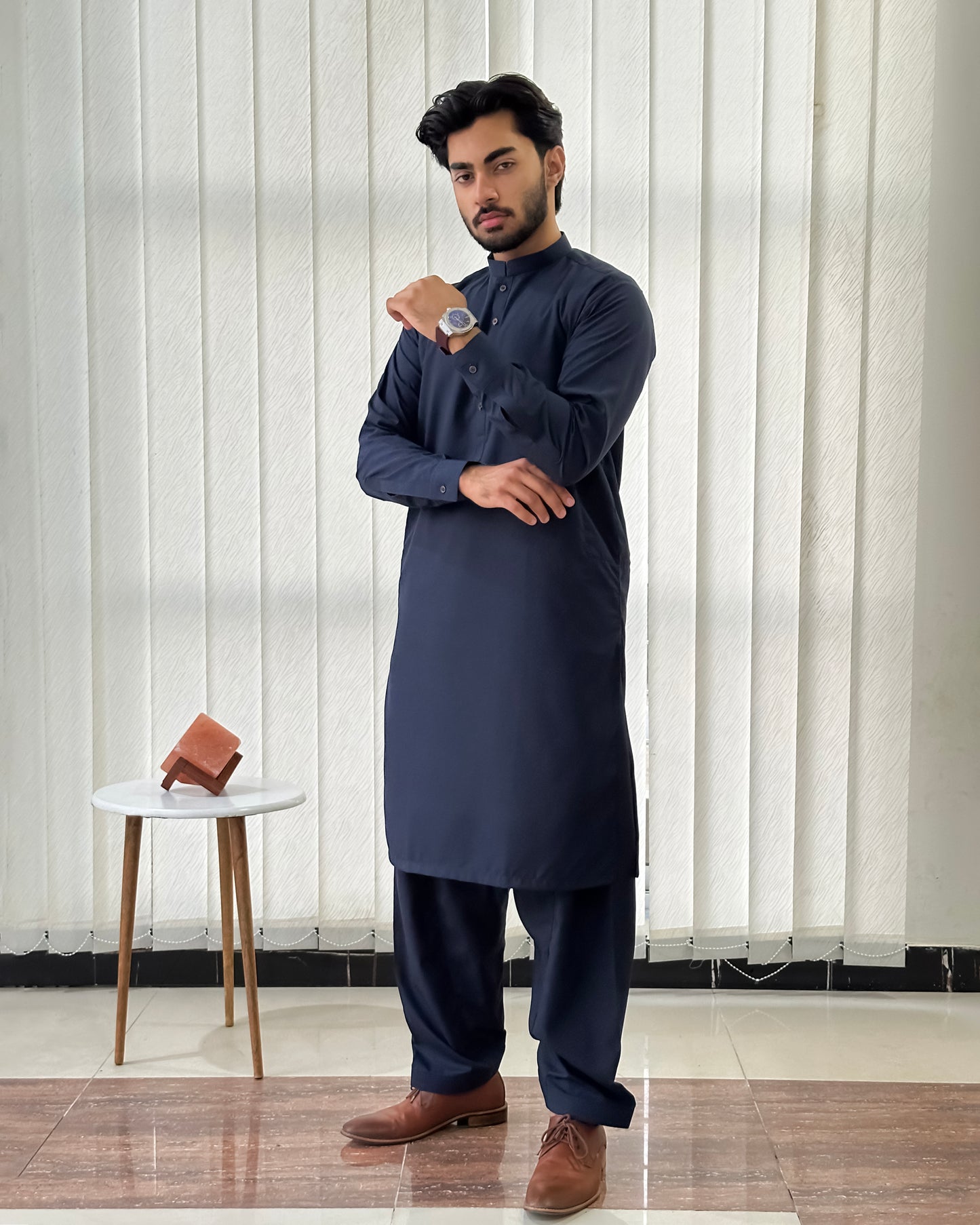 Navy Blue Blended Kurta Shalwar - Men