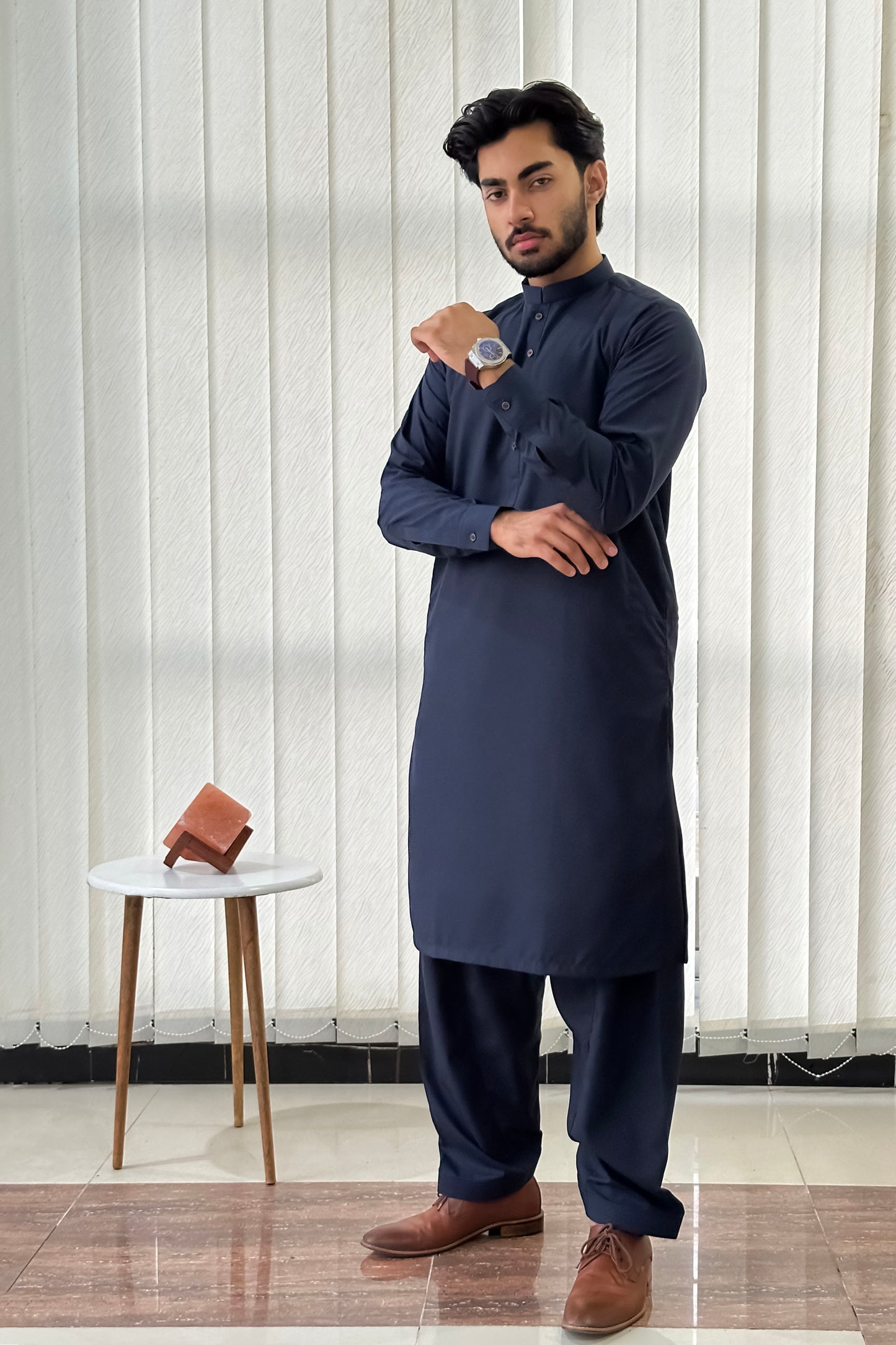 Navy Blue Blended Kameez Shalwar - Men