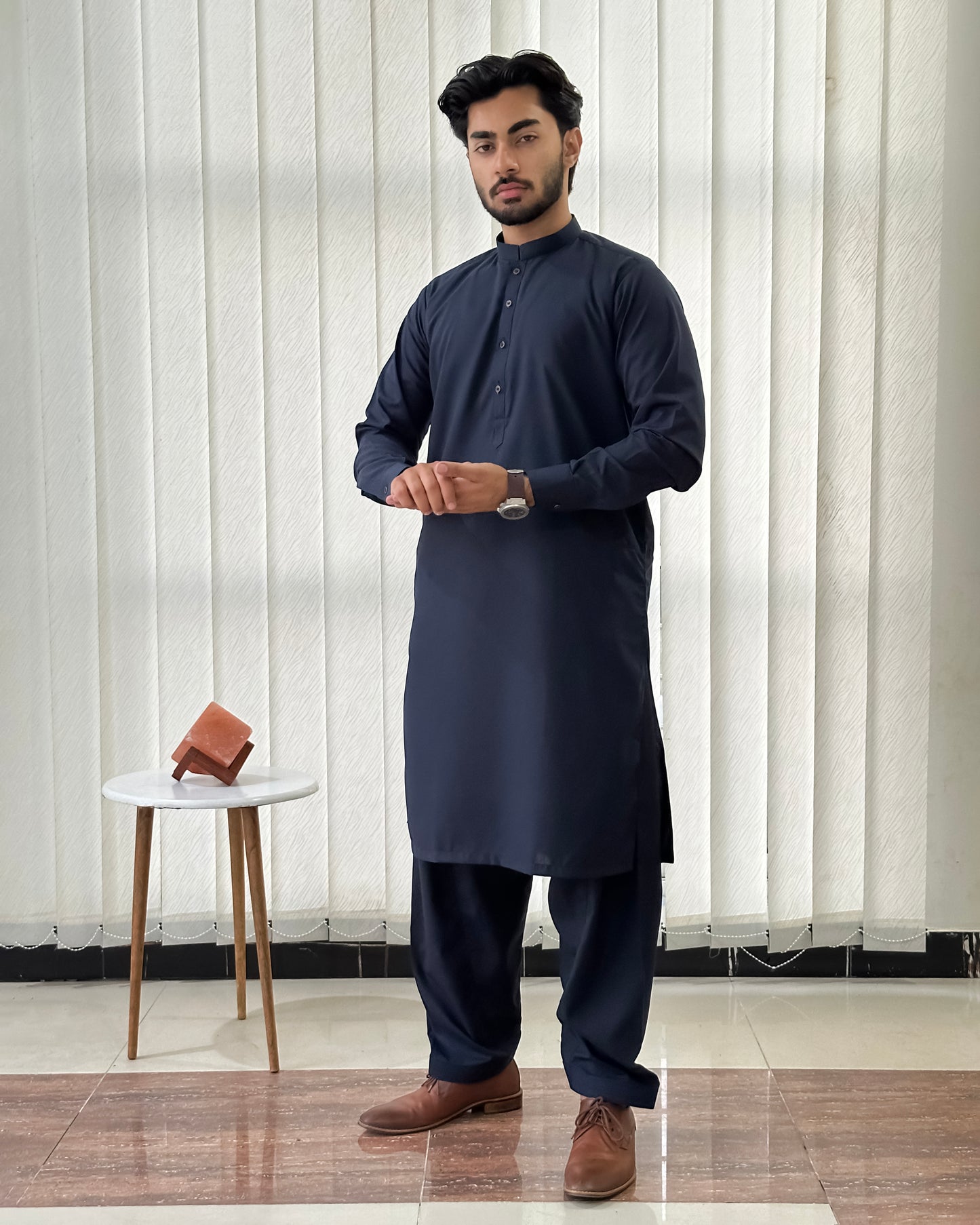 Navy Blue Blended Kurta Shalwar - Men