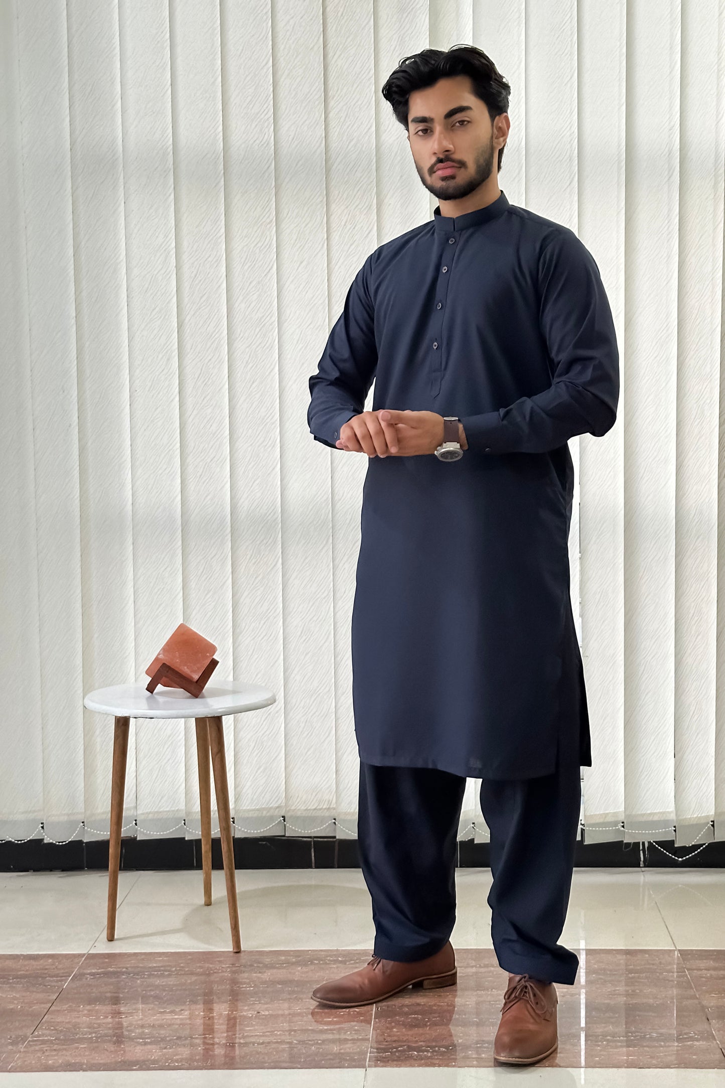 Navy Blue Blended Kameez Shalwar - Men