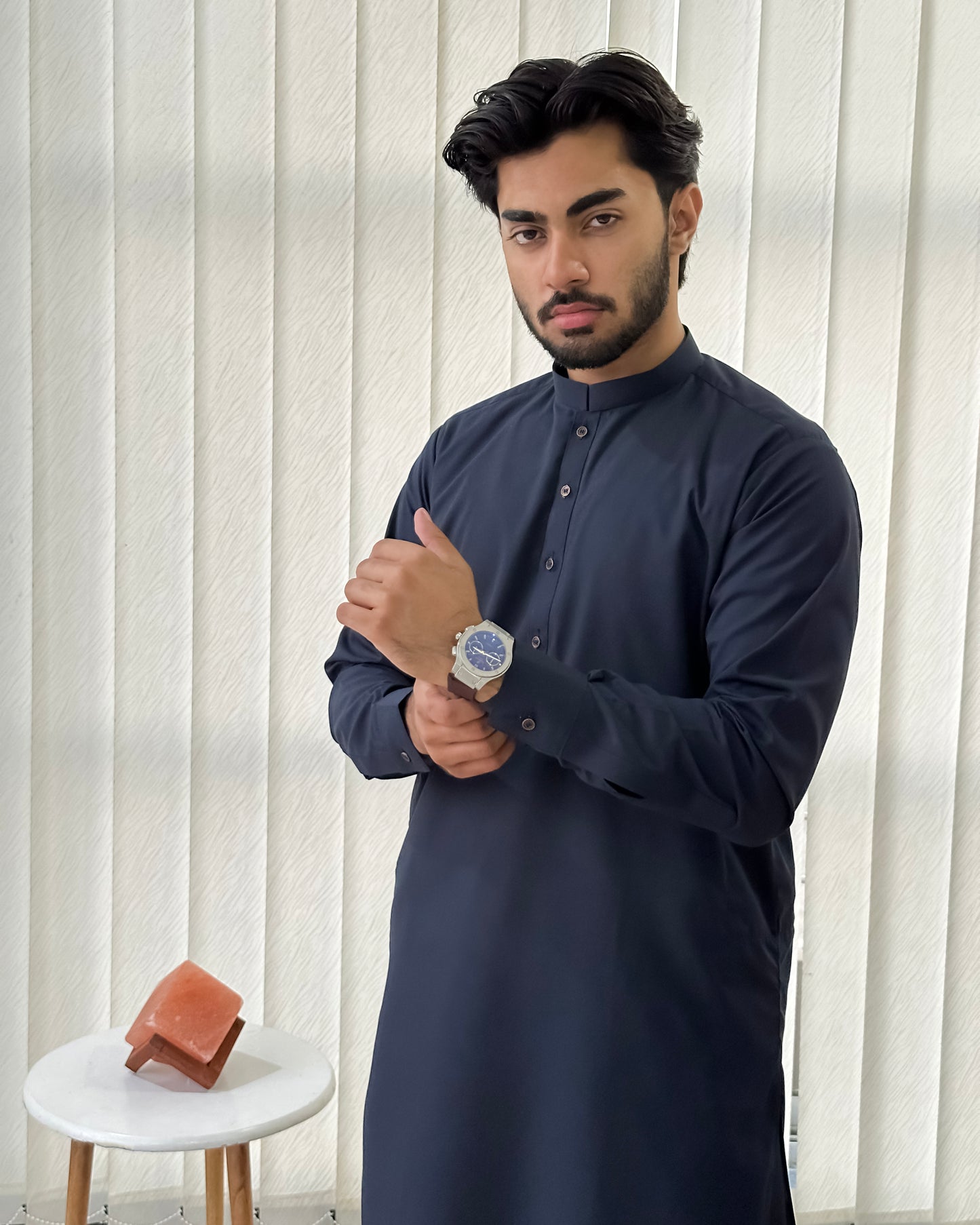 Navy Blue Blended Kurta Shalwar - Men