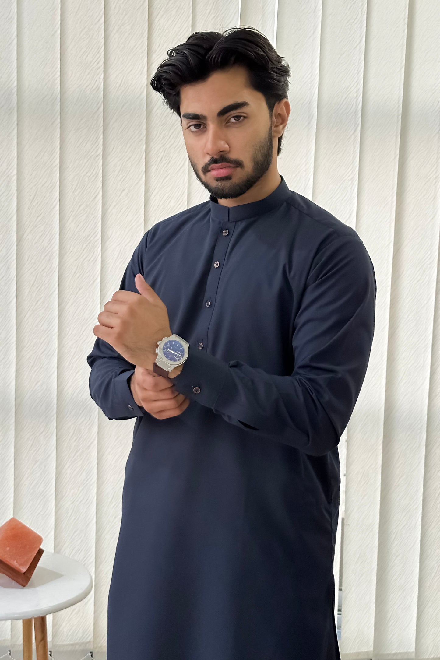 Navy Blue Blended Kameez Shalwar - Men