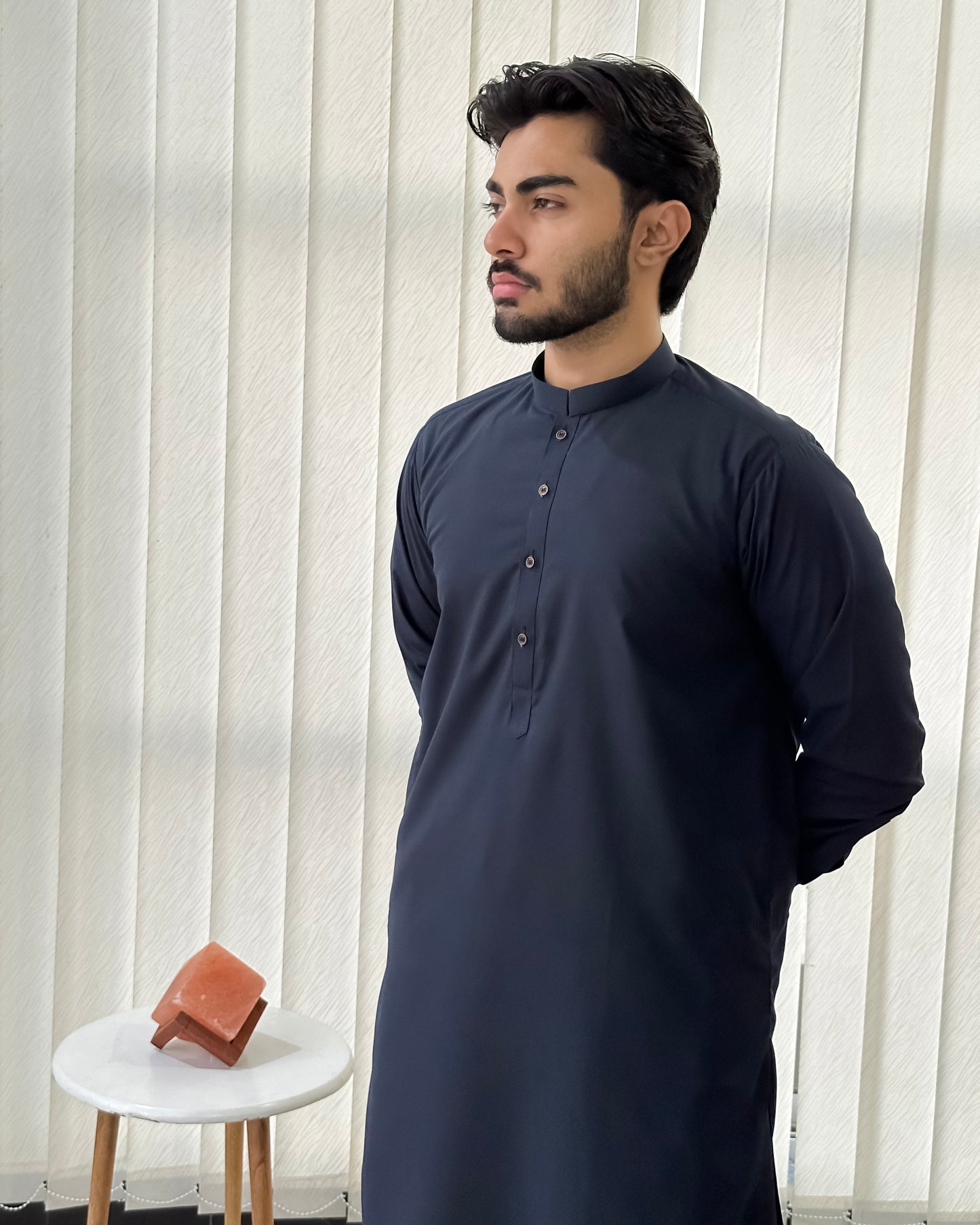 Navy Blue Blended Kurta Shalwar - Men