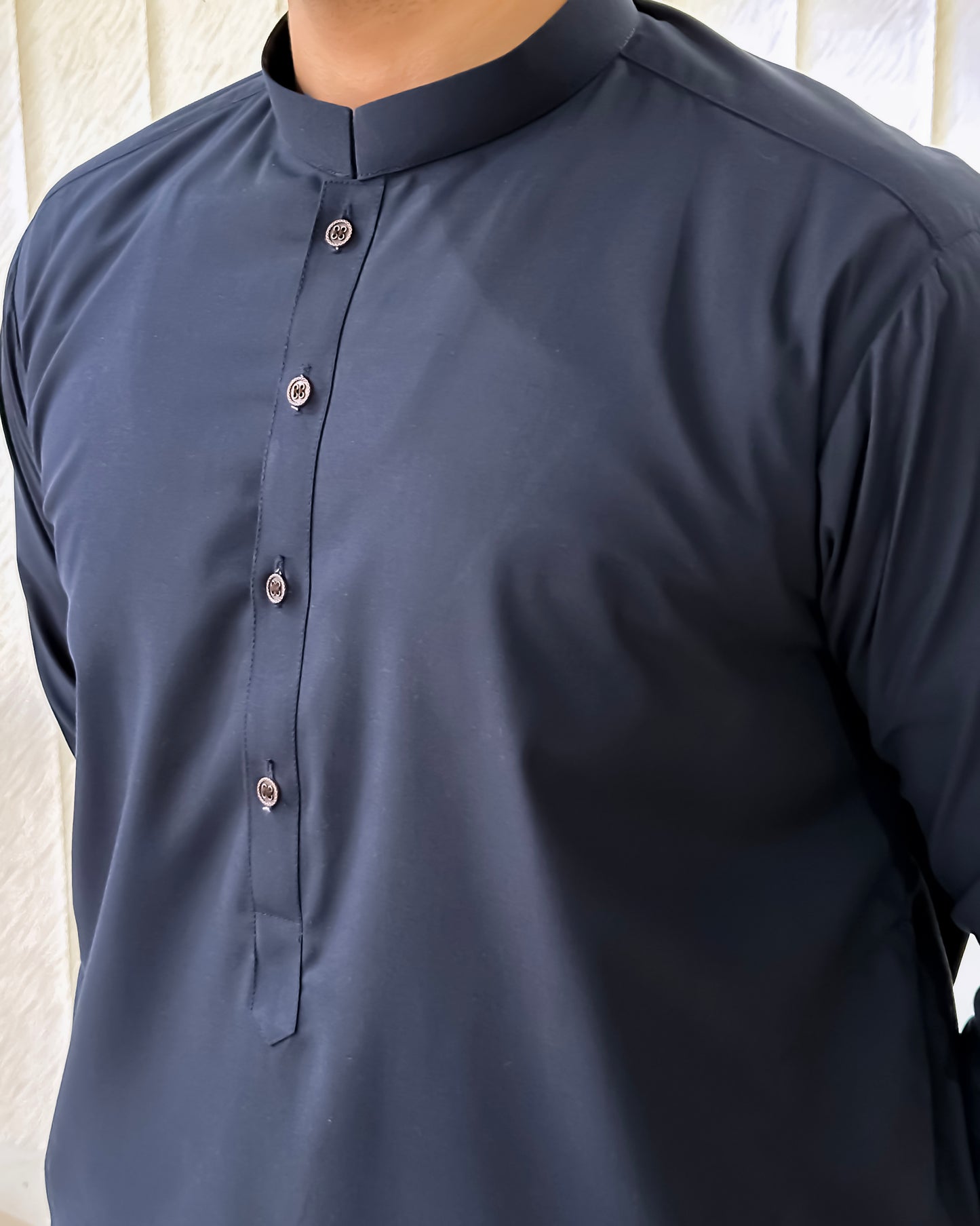 Navy Blue Blended Kurta Shalwar - Men