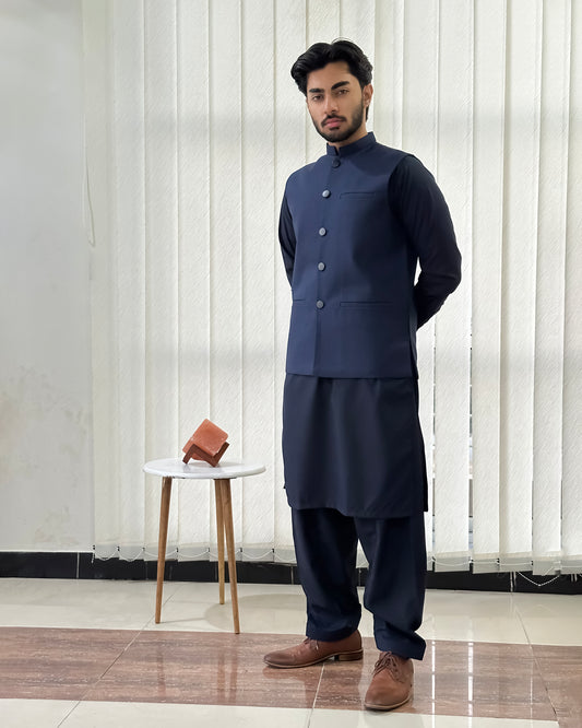 Navy Blue Kurta Shalwar with Suiting Waistcoat - Straight Cut - Men