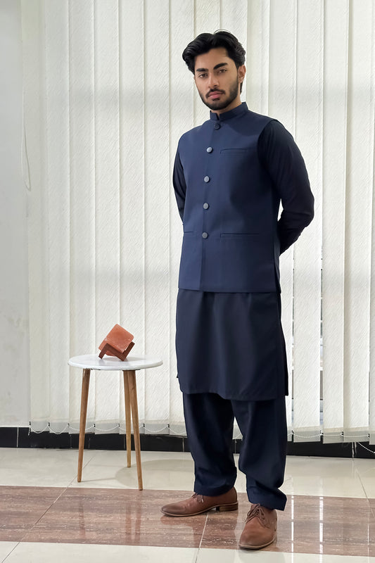 Navy Blue Kurta Shalwar with Suiting Waistcoat - Straight Cut - Men
