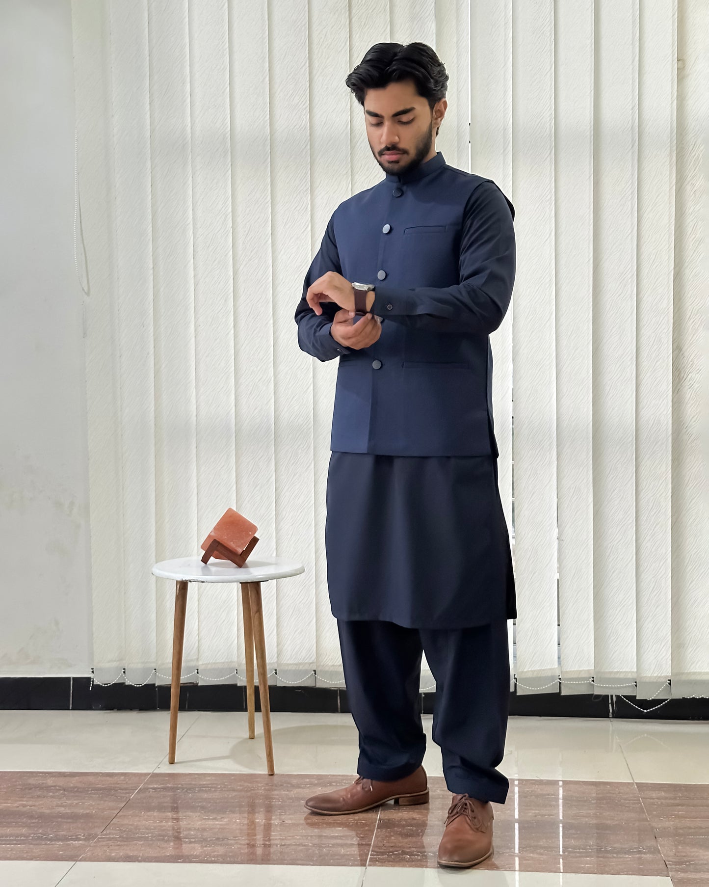 Navy Blue Kurta Shalwar with Suiting Waistcoat - Straight Cut - Men