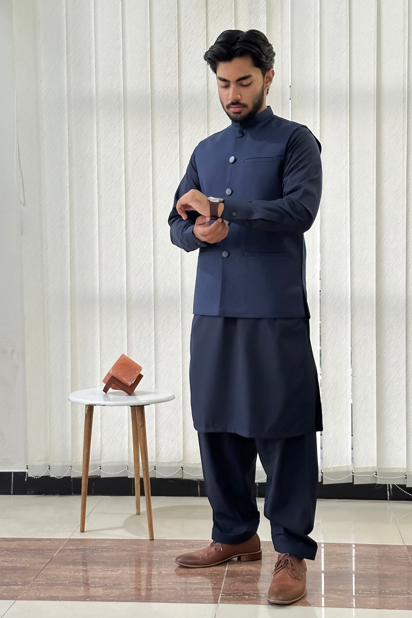 Navy Blue Kurta Shalwar with Suiting Waistcoat - Straight Cut - Men