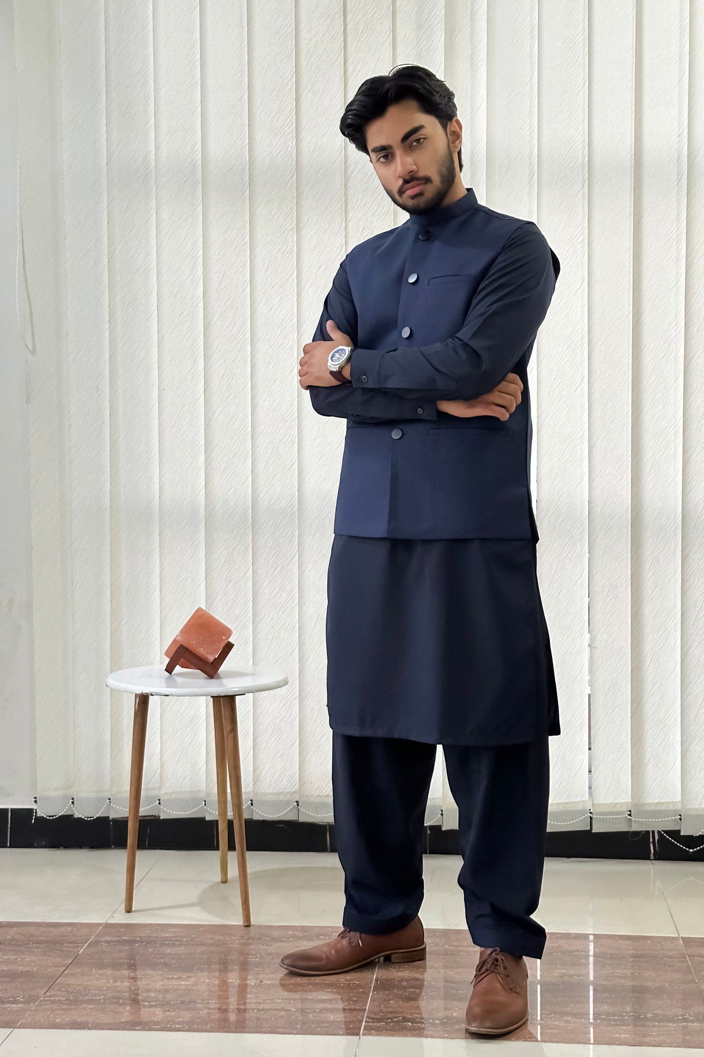 Navy Blue Kurta Shalwar with Suiting Waistcoat - Straight Cut - Men