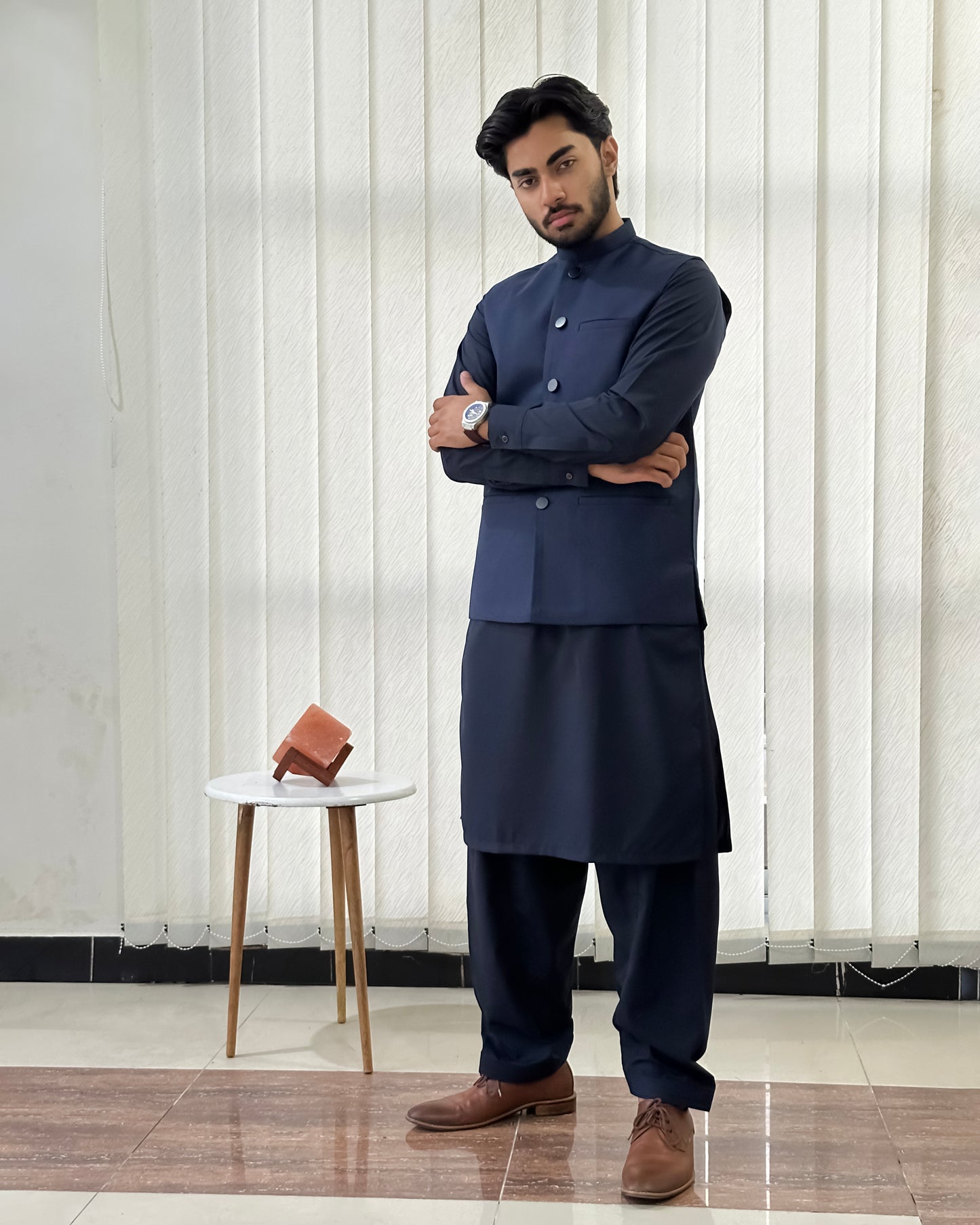 Navy Blue Kurta Shalwar with Suiting Waistcoat - Straight Cut - Men