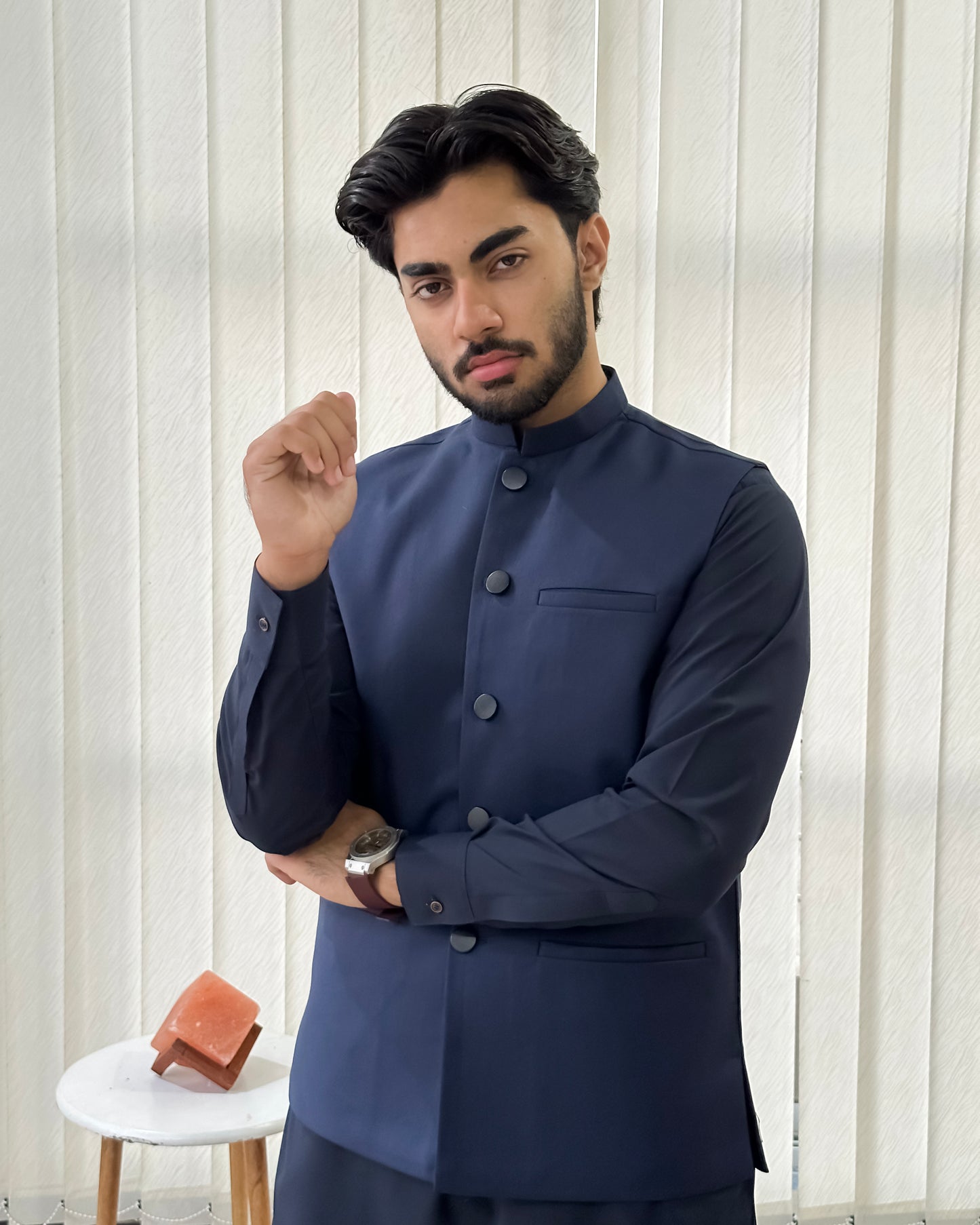 Navy Blue Kurta Shalwar with Suiting Waistcoat - Straight Cut - Men