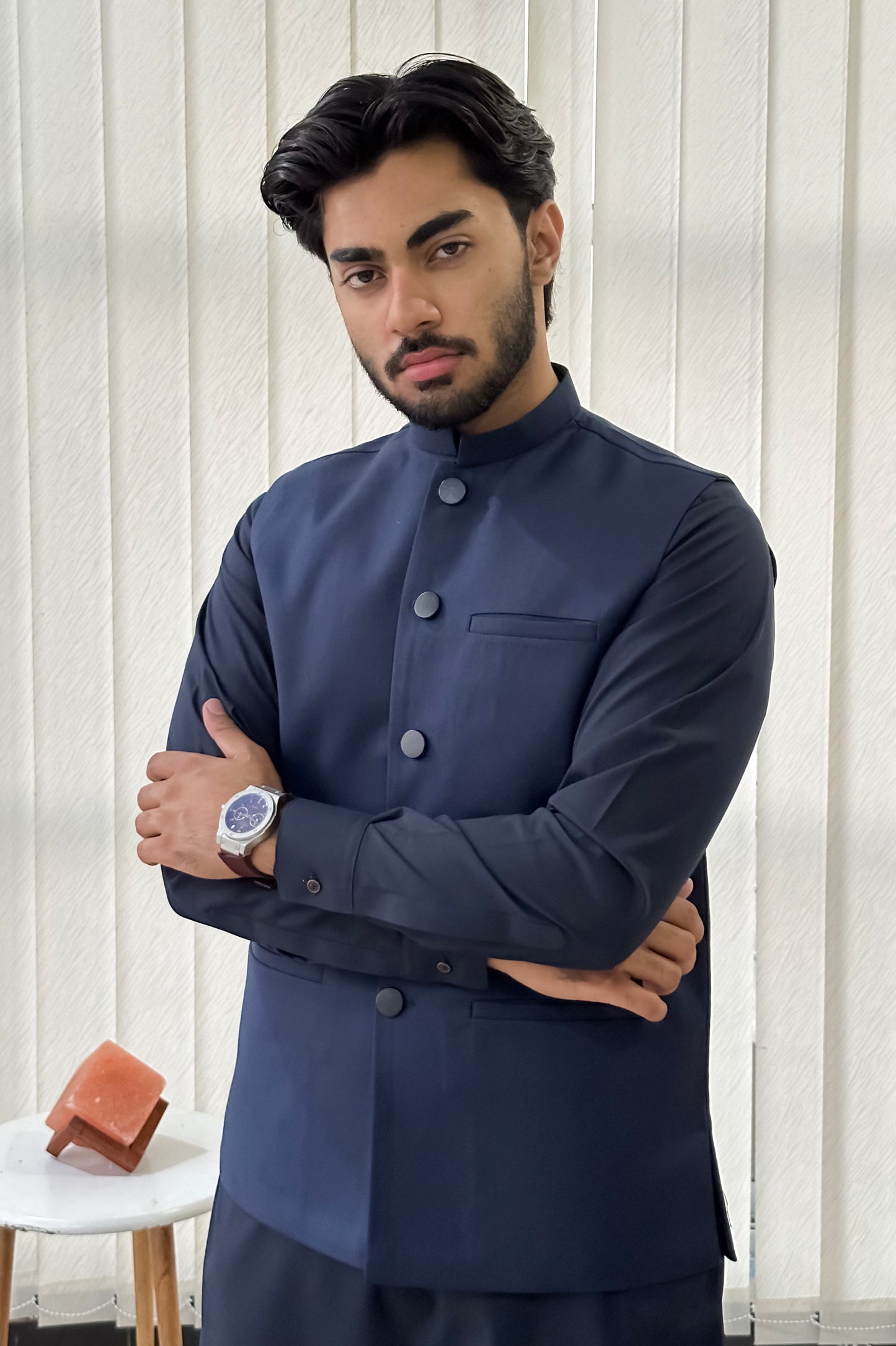 Navy Blue Kurta Shalwar with Suiting Waistcoat - Straight Cut - Men